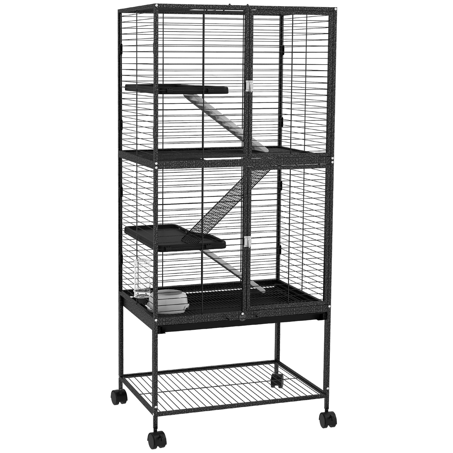 Ferret Cage Rolling Small Animal Cage 4 Levels Pet Cage 136cm Height for Chinchillas, Squirrels with 3 Doors, Storage Shelf, Tray, Bowl, Water Bottle, Ramps - Charcoal Grey