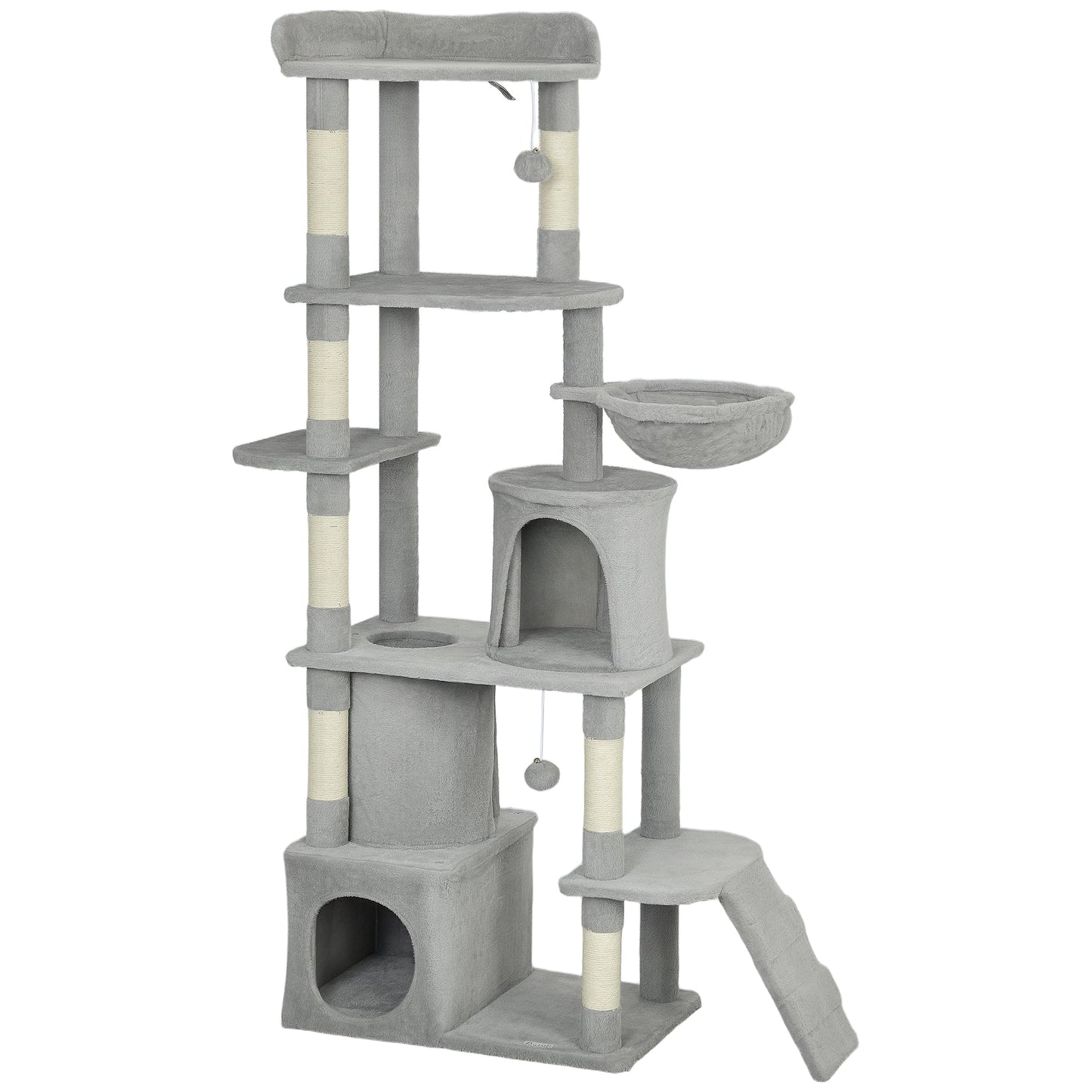 Cat Tree, 170 cm Large Cat Tower with 7 Scratching Posts, 1 Tunnel, 2 Condos, 1 Hammock, 1 Perch, 1 Ramp, 3 Platforms, 2 Pompoms, Multi-Level Kitty House for Indoor Kittens, Light Grey