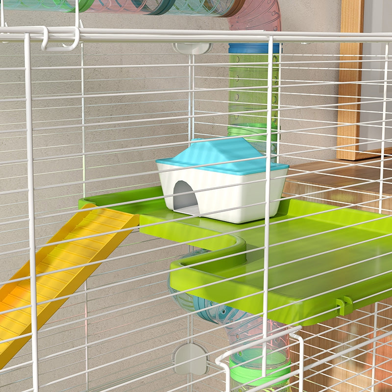 5 Tier Hamster Cage, Gerbil Cage with Tube, Water Bottle, Exercise Wheel, Food Dish, 59L x 36W x 69H cm - Green