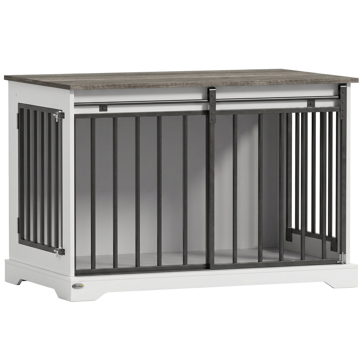 Dog Crate Furniture, 100 cm Large Double Door Wooden Dog Crate with Sliding Barn Door, Indoor Kennel End Table for Large Breeds, Anti-Chew Steel Puppy Cage, White