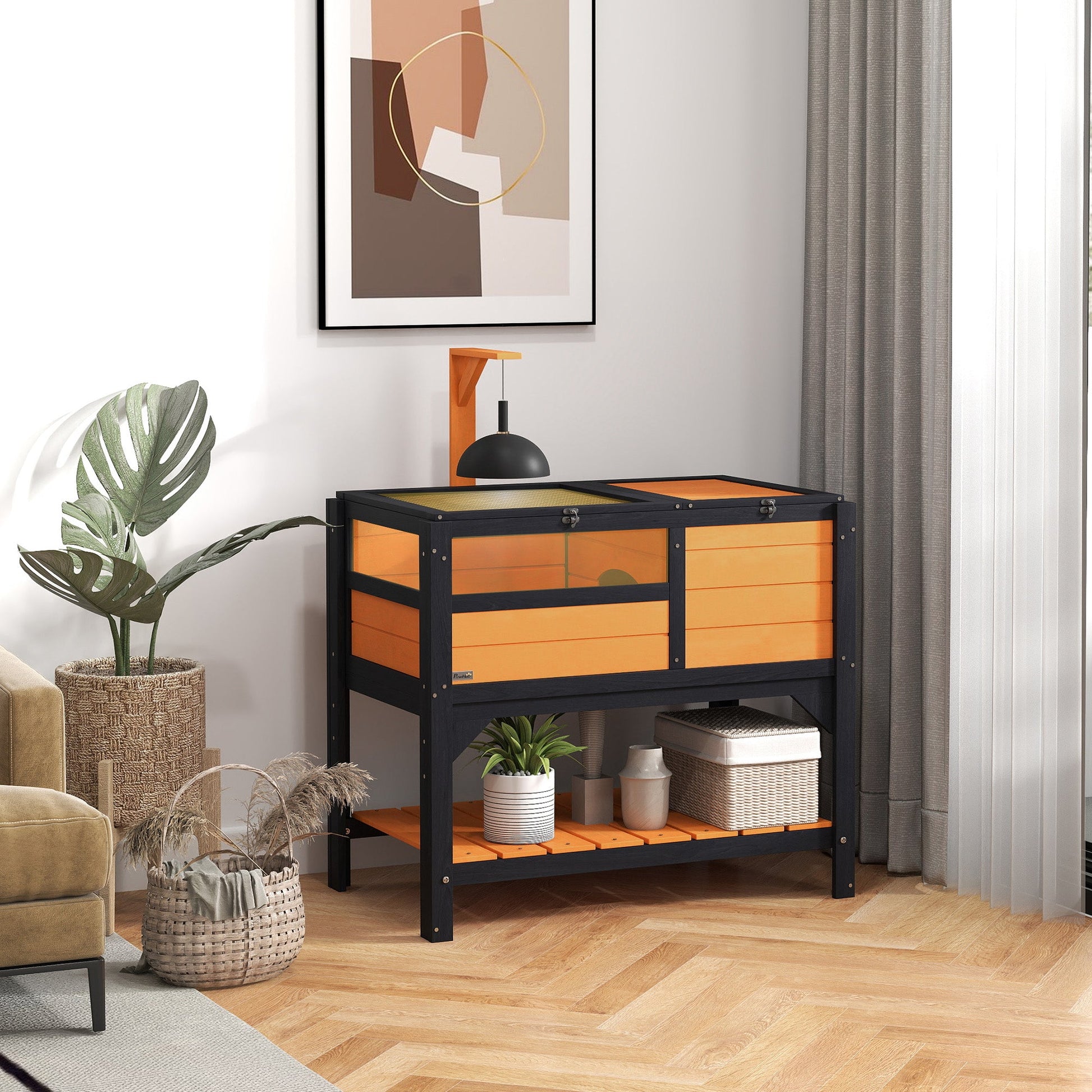 Tortoise House w/ Shelf, Small Pet Reptile Wooden House w/ Hide Shelter Den and Run, Lamp Holder, Tray, for Indoors, Outdoors - Yellow