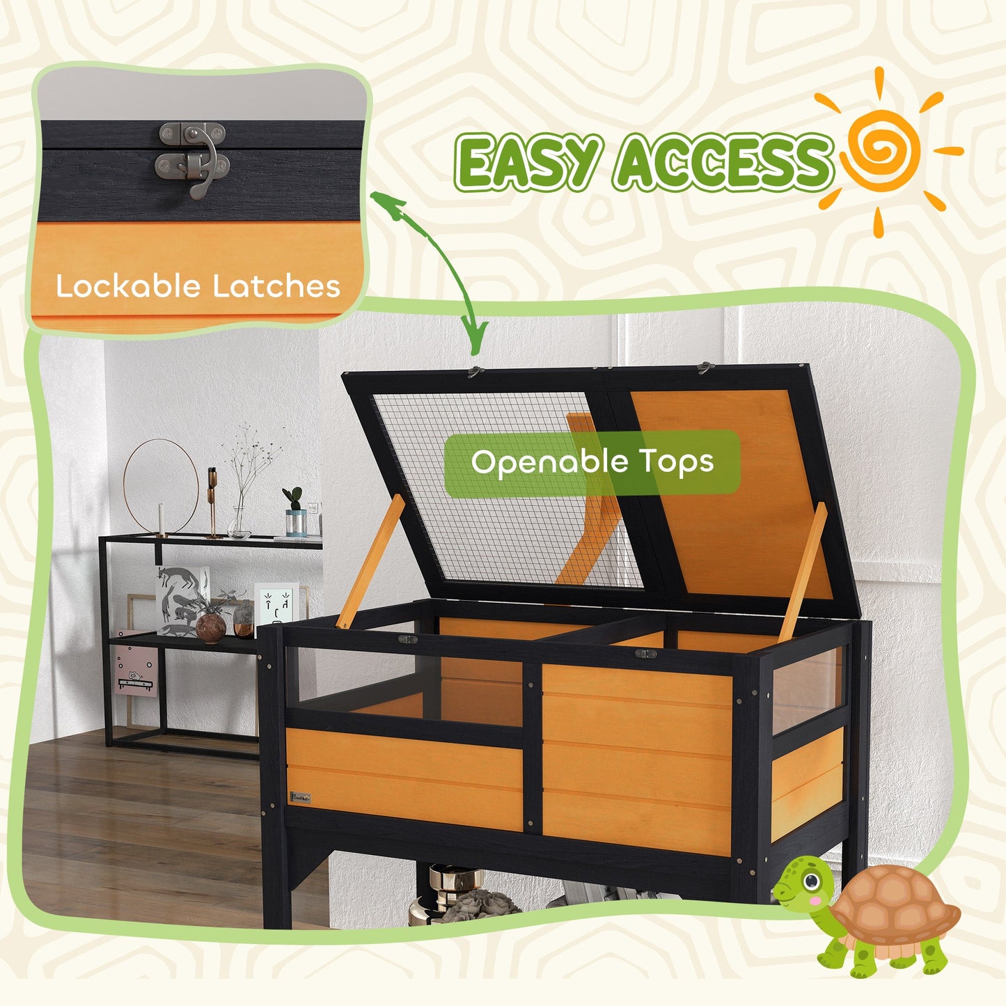 Tortoise House w/ Shelf, Small Pet Reptile Wooden House w/ Hide Shelter Den and Run, Lamp Holder, Tray, for Indoors, Outdoors - Yellow