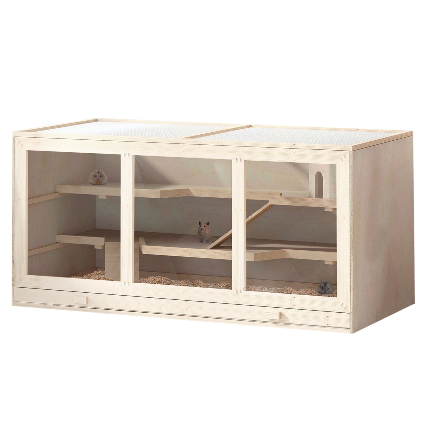 Wooden Hamster Cage, Small Animals Hutch with Tray, Openable Top, Exercise Run, Natural
