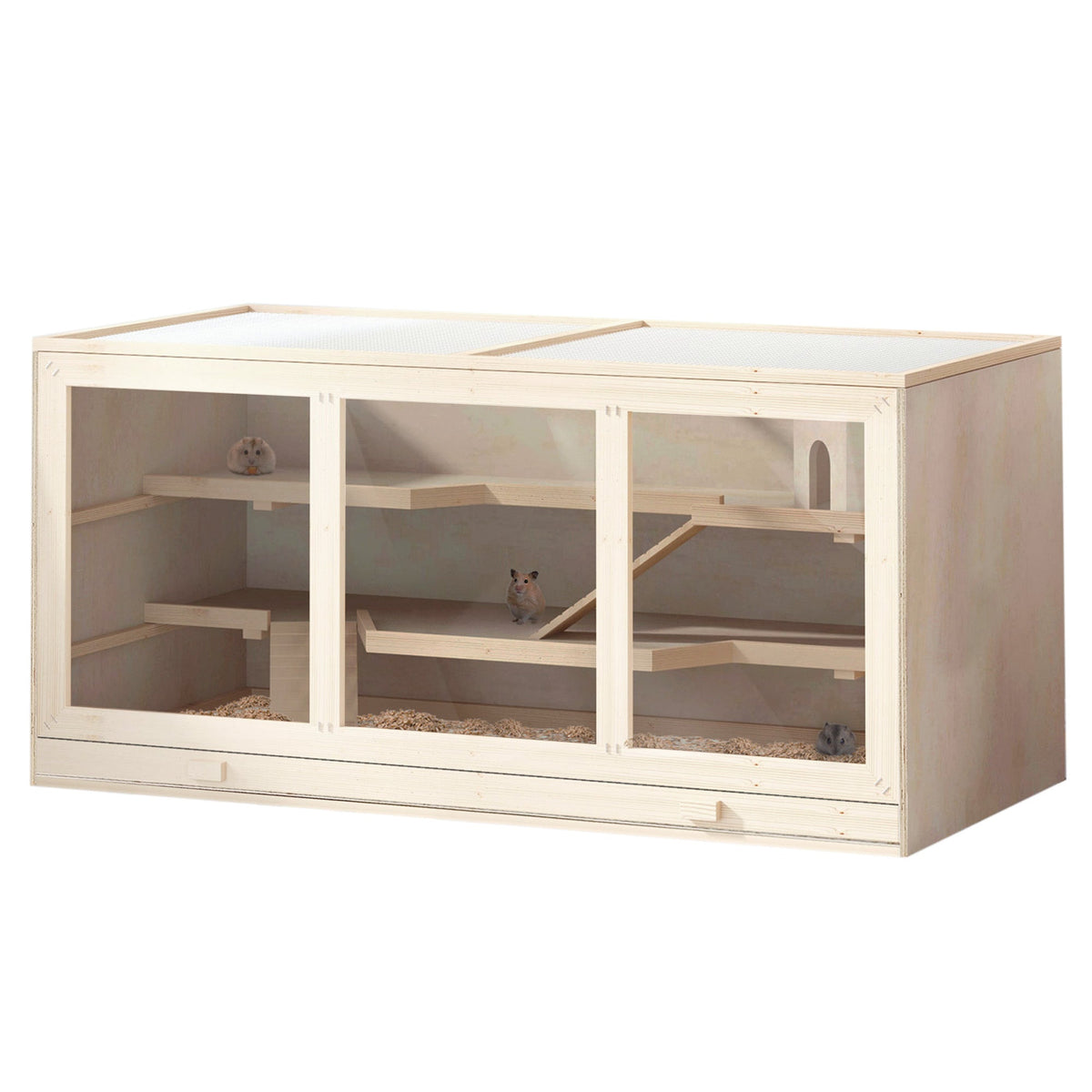 Wooden Hamster Cage, Small Animals Hutch with Tray, Openable Top, Exercise Run, Natural