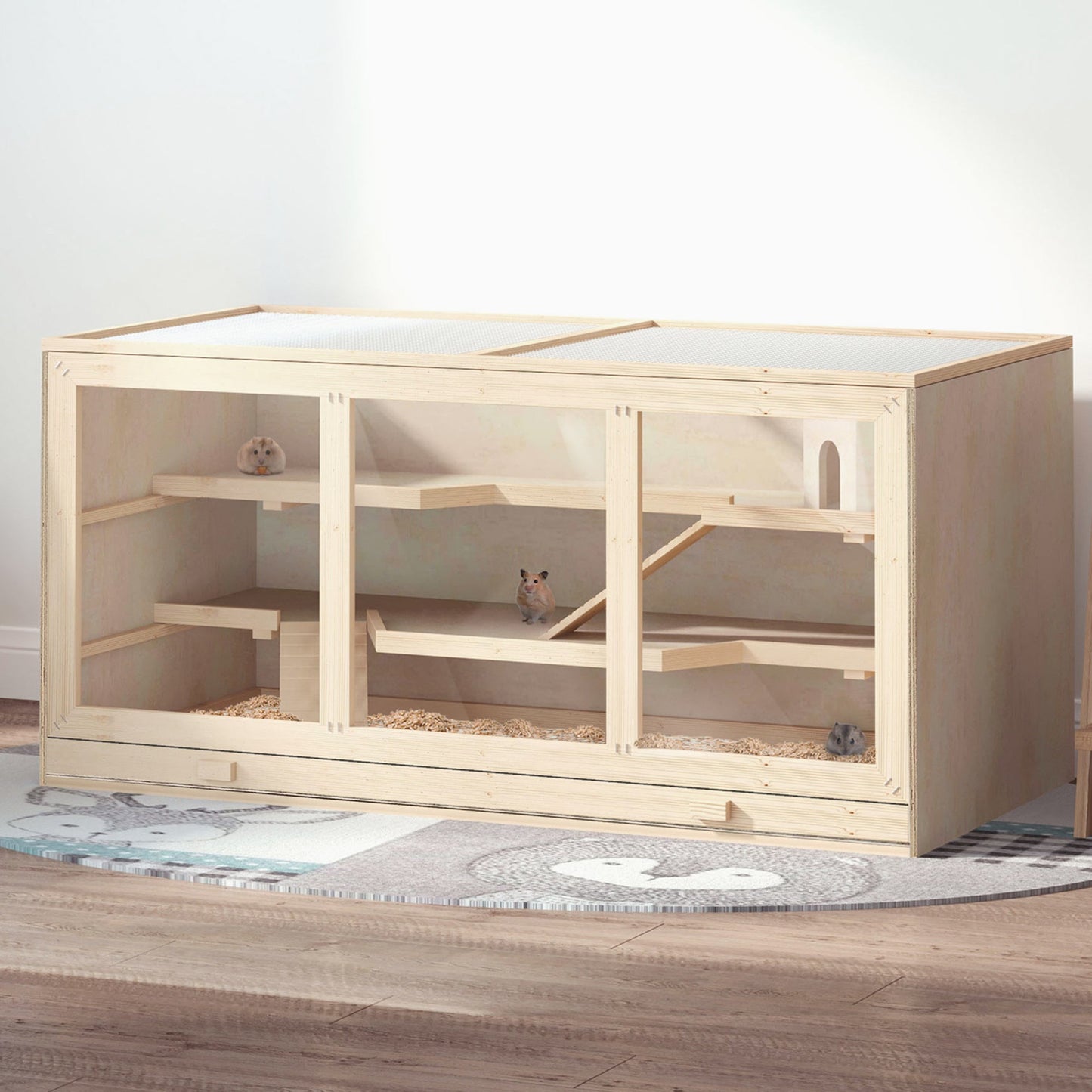 Wooden Hamster Cage, Small Animals Hutch with Tray, Openable Top, Exercise Run, Natural