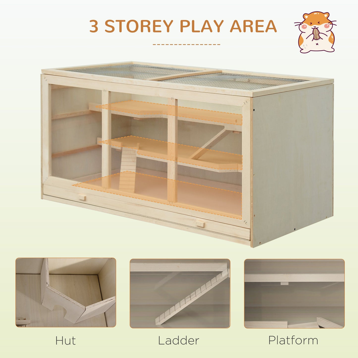 Wooden Hamster Cage, Small Animals Hutch with Tray, Openable Top, Exercise Run, Natural