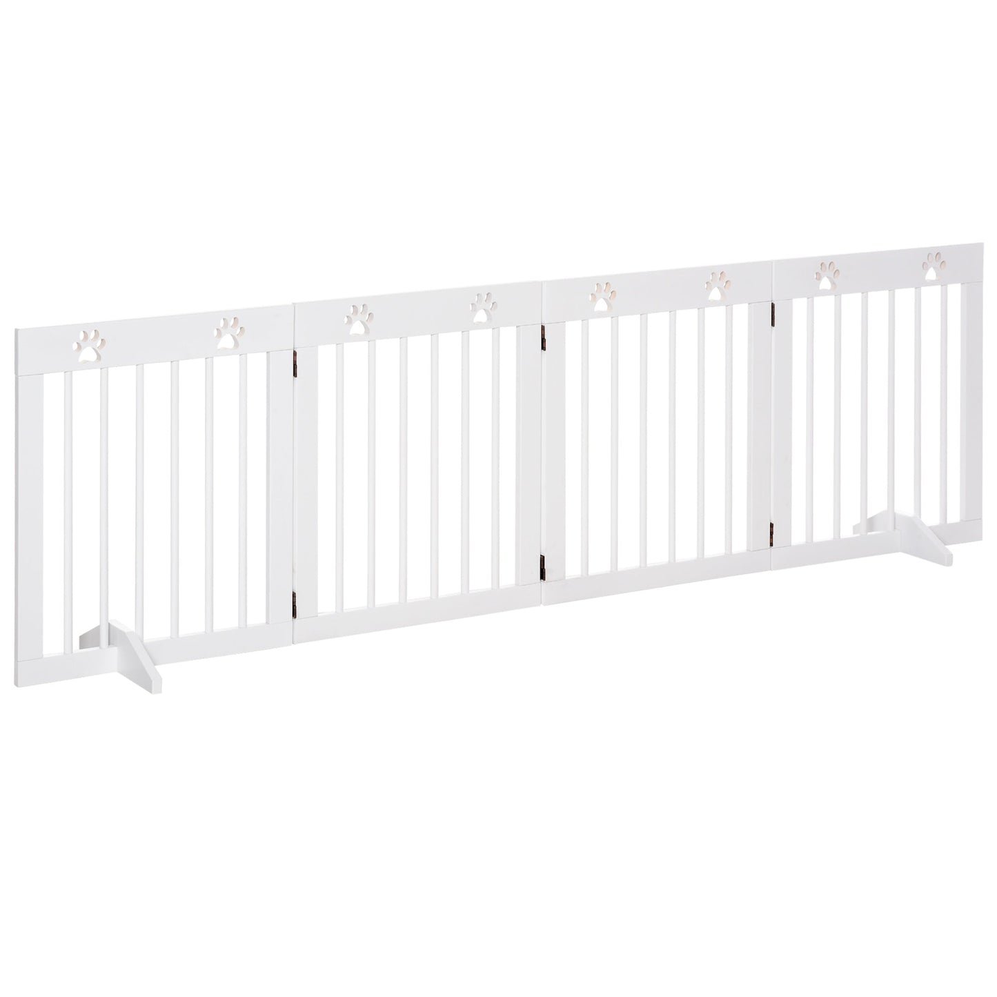 Freestanding Pet Gate 4 Panel Wooden Dog Barrier Folding Safety Fence with Support Feet up to 204cm Long 61cm Tall for Doorway Stairs White