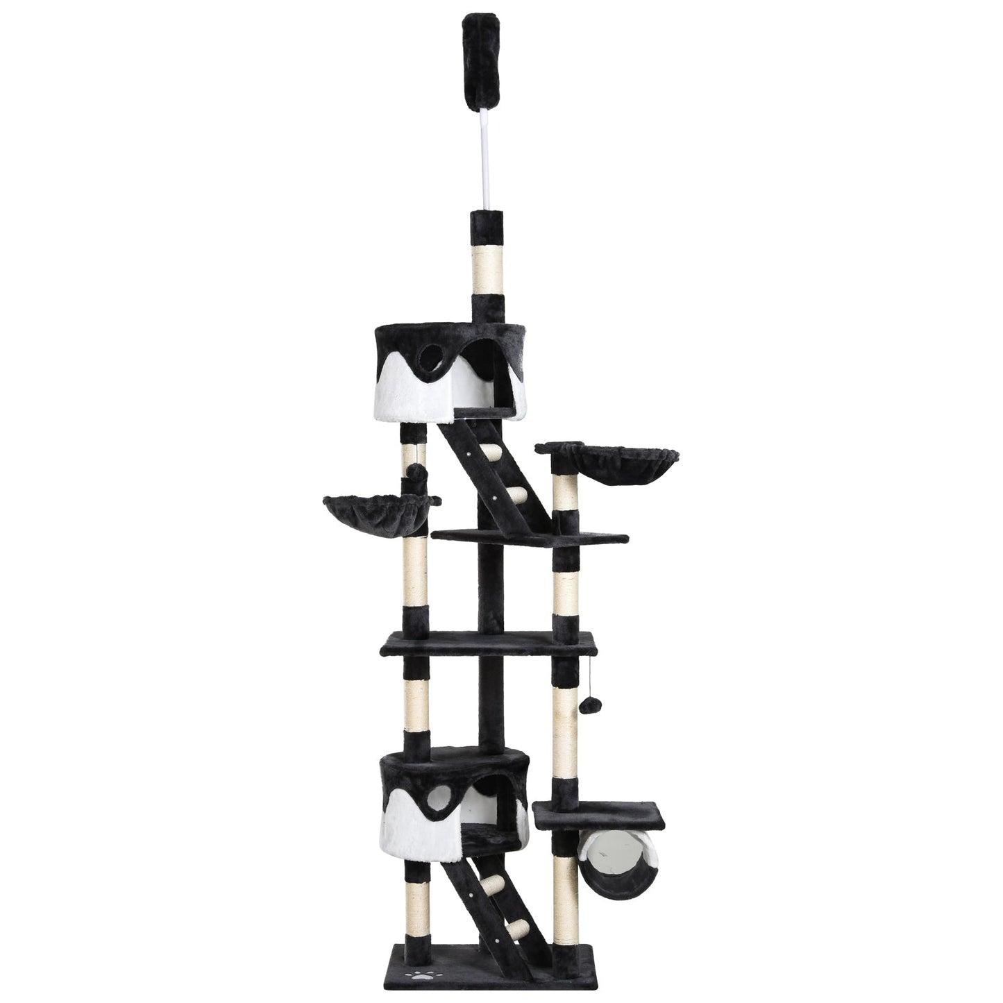 Floor to Ceiling Cat Tree, 240-260cm Adjustable Height Kitten Tower with Scratching Posts, Cat Houses, Ramps, Hammocks, Toy Balls, Tunnel for Indoor Use - White