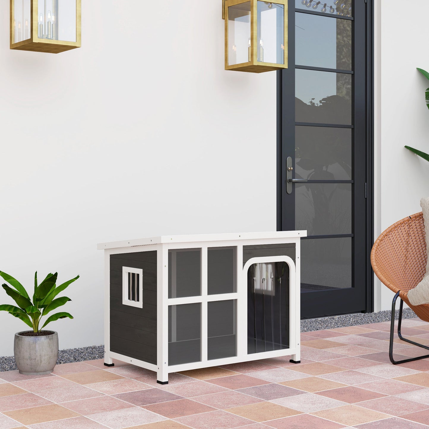 Outdoor Dog Kennel, Wooden Dog House Shelter with Asphalt Openable Top, Removable Floor, Clear Front Panel, Curtain, Windows, for Small, Medium Puppies, 90 x 62 x 71cm, Light Grey