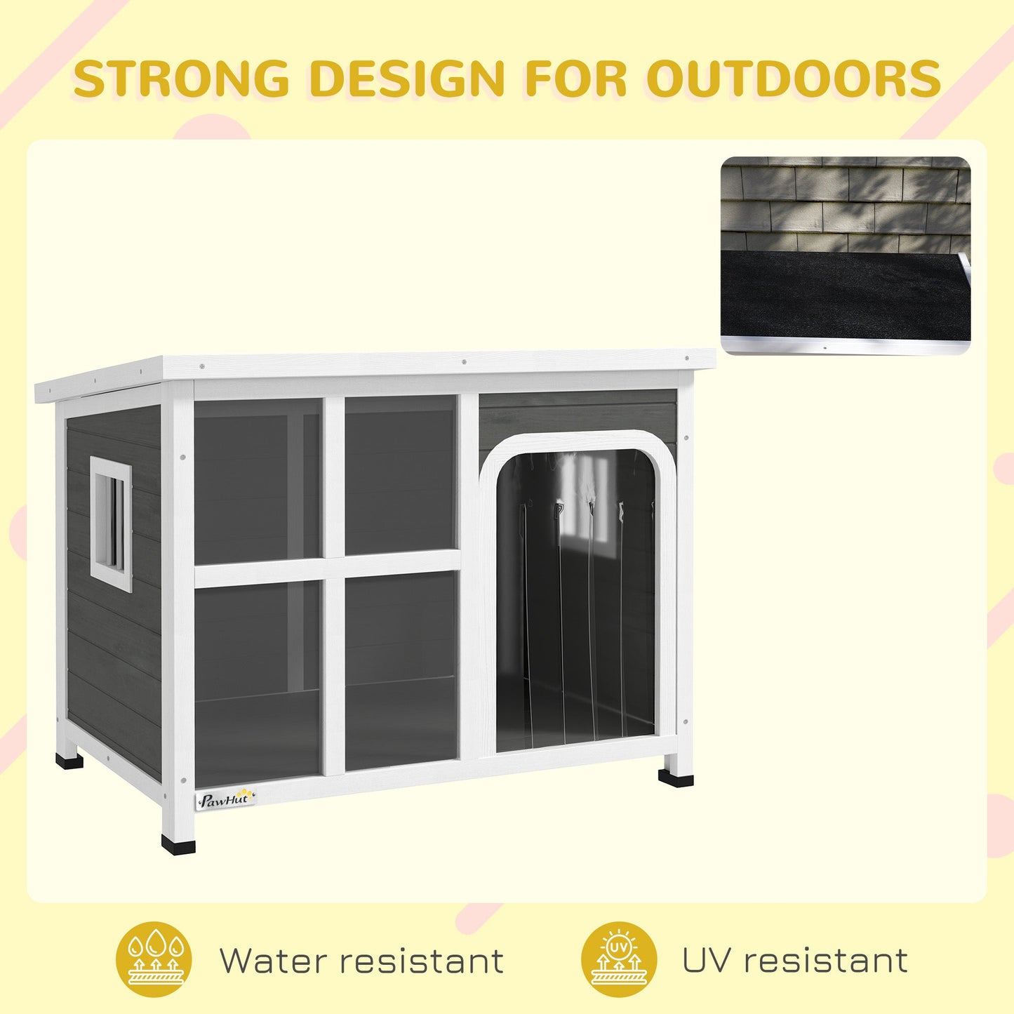 Outdoor Dog Kennel, Wooden Dog House Shelter with Asphalt Openable Top, Removable Floor, Clear Front Panel, Curtain, Windows, for Small, Medium Puppies, 90 x 62 x 71cm, Light Grey