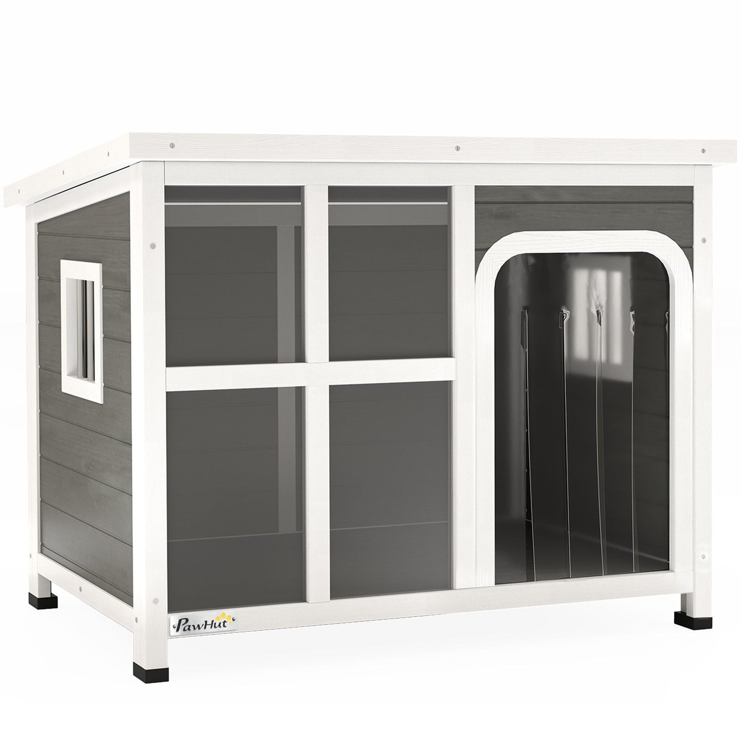 Outdoor Dog Kennel, Wooden Dog House Shelter with Asphalt Openable Top, Removable Floor, Clear Front Panel, Curtain, Windows, for Small, Medium Puppies, 90 x 62 x 71cm, Light Grey