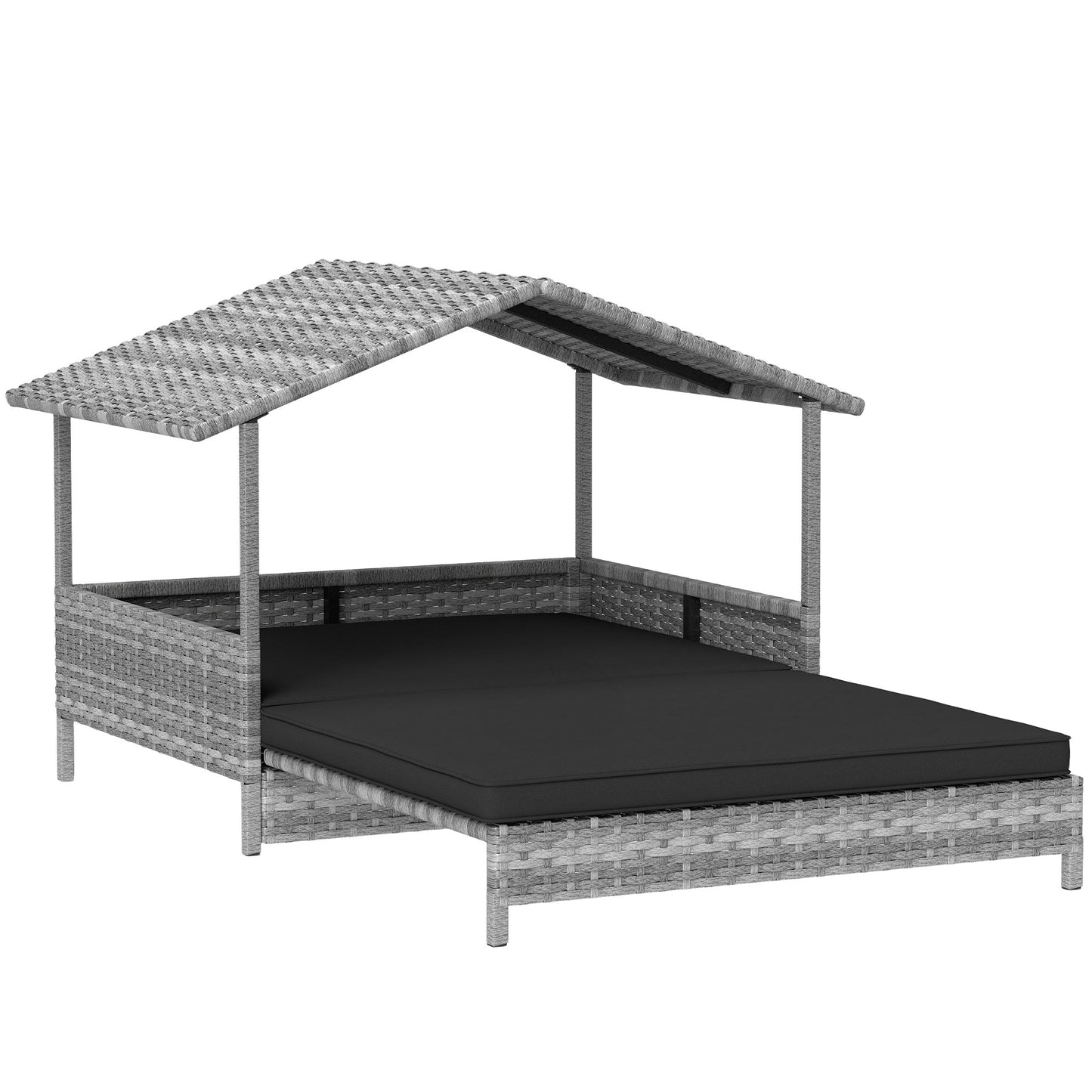 Rattan Dog House, Extendable Outdoor Wicker Dog Bed w/ Water-Resistant Roof, Removable Cushion, for Small and Medium Dogs - Charcoal Grey