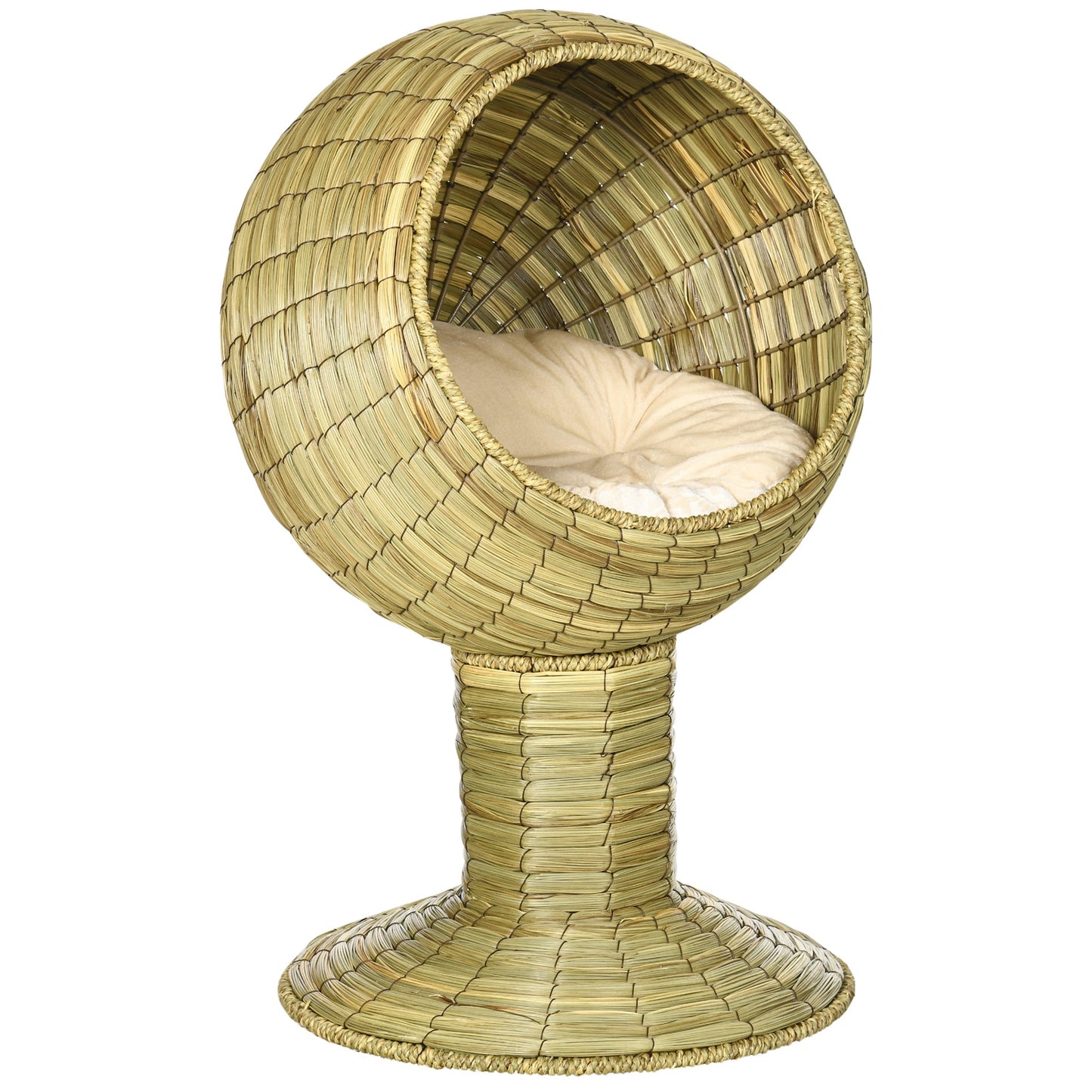 Raised Cat House, Natural Mat Grass Cat Bed, Kitten Cave with Cushion, Detachable Top, Yellow, Φ41x 69 cm