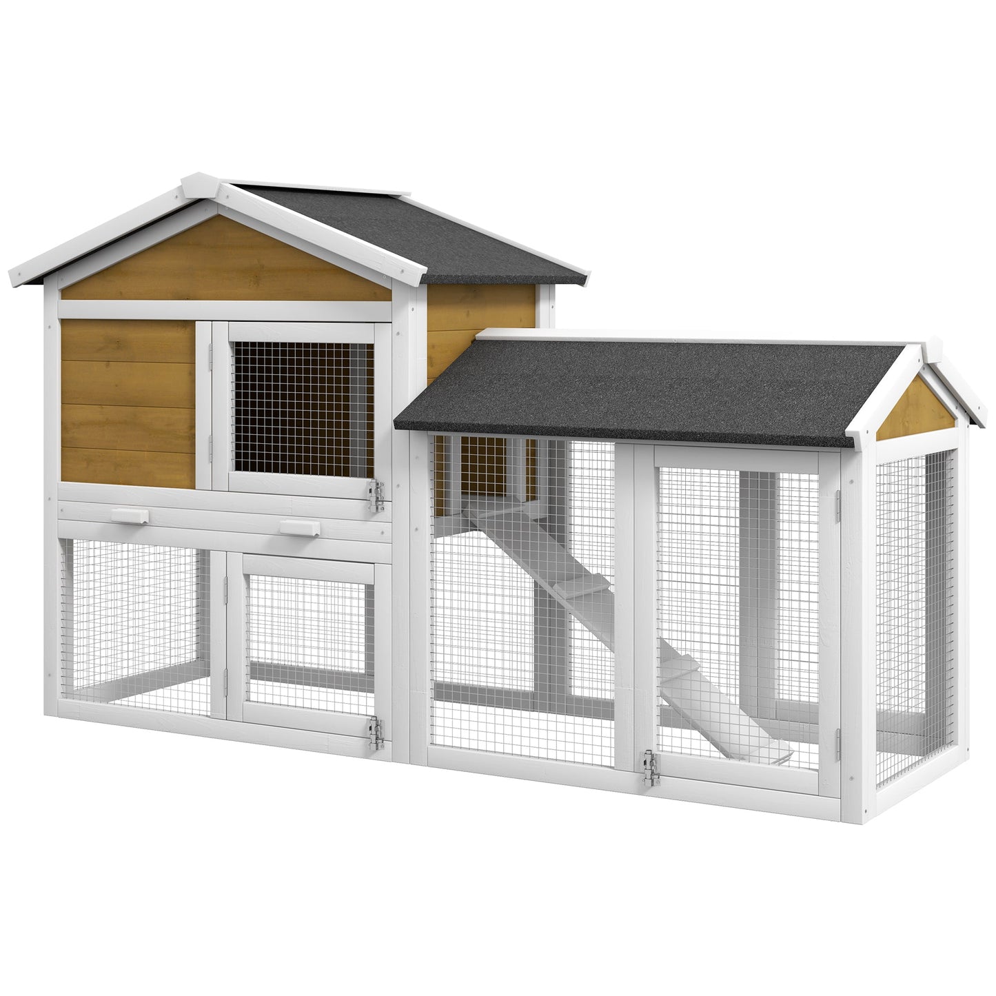Wooden Rabbit Hutch Outdoor, Double Tier Guinea Pig Hutch, Small Animal House Water-Resistant Roof Ramp 147 x 54 x 84 cm, Yellow