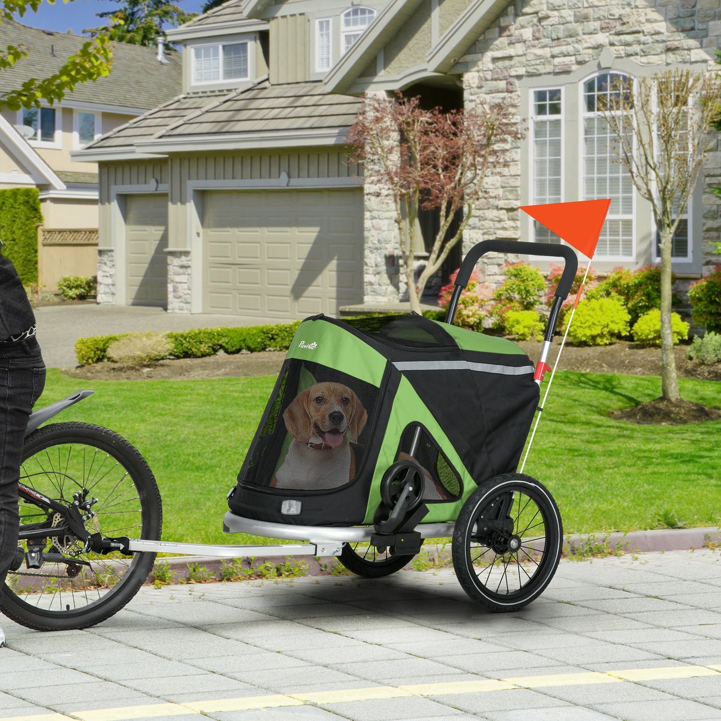 Dog Bike Trailer Dog Stroller 2 in 1 Foldable with Aluminium Frame, Quick-Release Wheels, Safety Leash, Anti-Slip Mat, Hitch Coupler, Reflectors, Flag, for Medium Dogs - Green