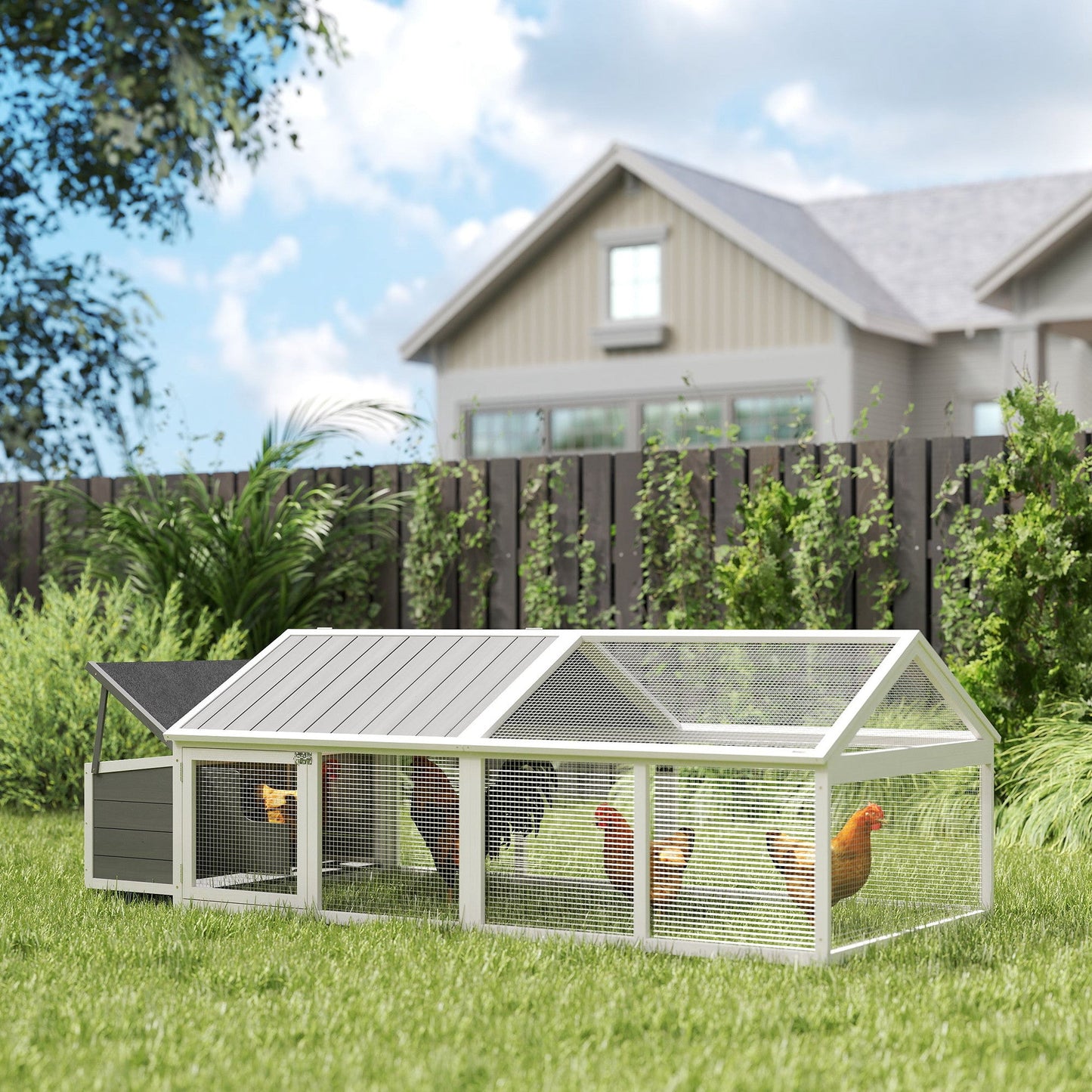 Chicken Run, Wooden Chicken Coop with Nesting Box, Openable Roof for 4-8 Chickens, Rabbits, Ducks, for Garden - White