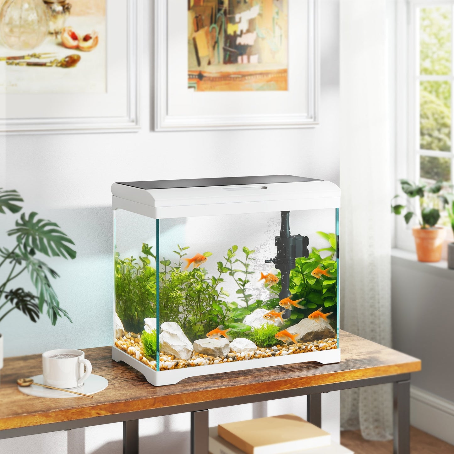 27L Fish Tank, Glass Aquarium with Filter System, LED Light, Water Pump, Fish Tank Starter Kits for Betta, Goldfish, Shrimps, White