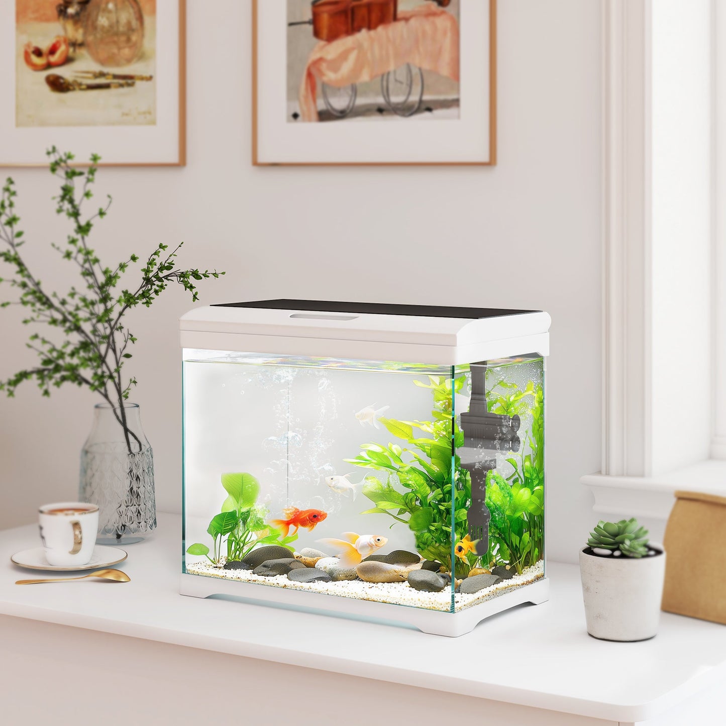 27L Fish Tank, Glass Aquarium with Filter System, LED Light, Water Pump, Fish Tank Starter Kits for Betta, Goldfish, Shrimps, White
