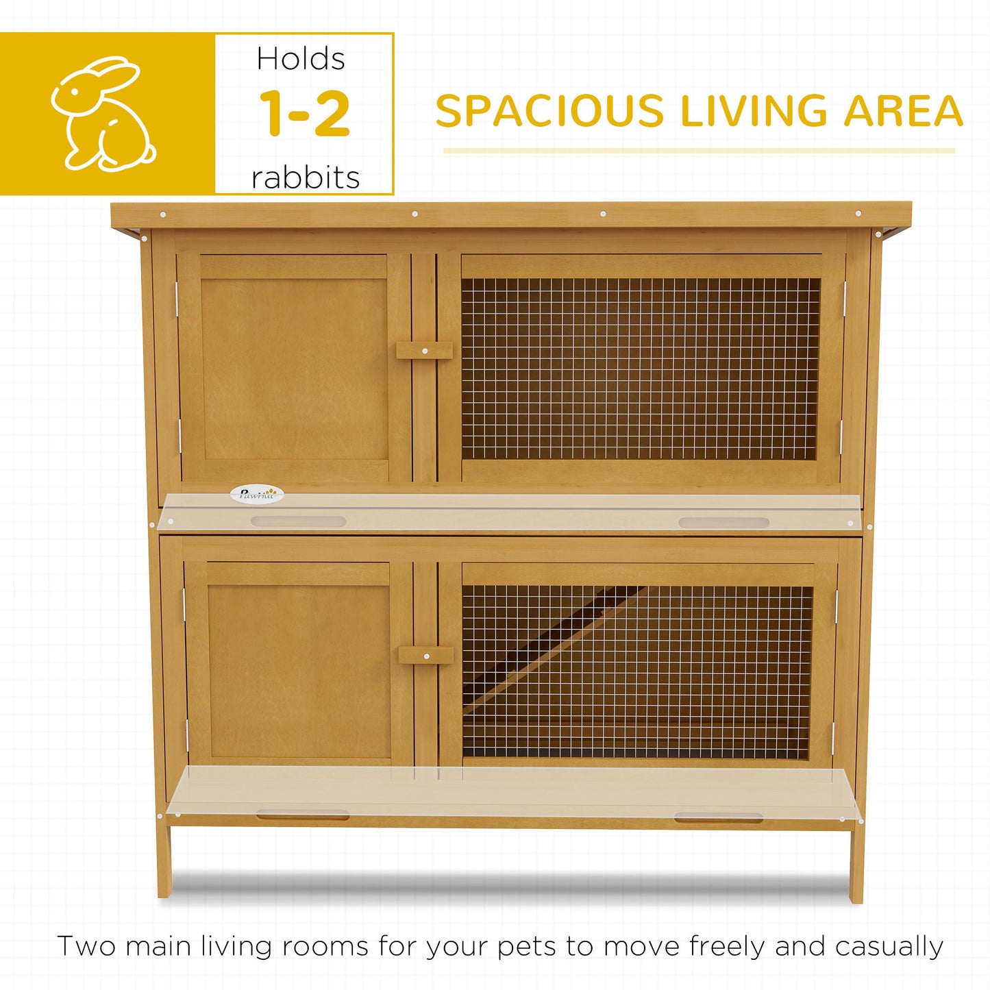 Rabbit Hutch Guinea Pig Hutch Double Decker Pet Cage with Openable Roof, Divider, Ramp for Outdoor 97 x 44 x 91cm, Yellow