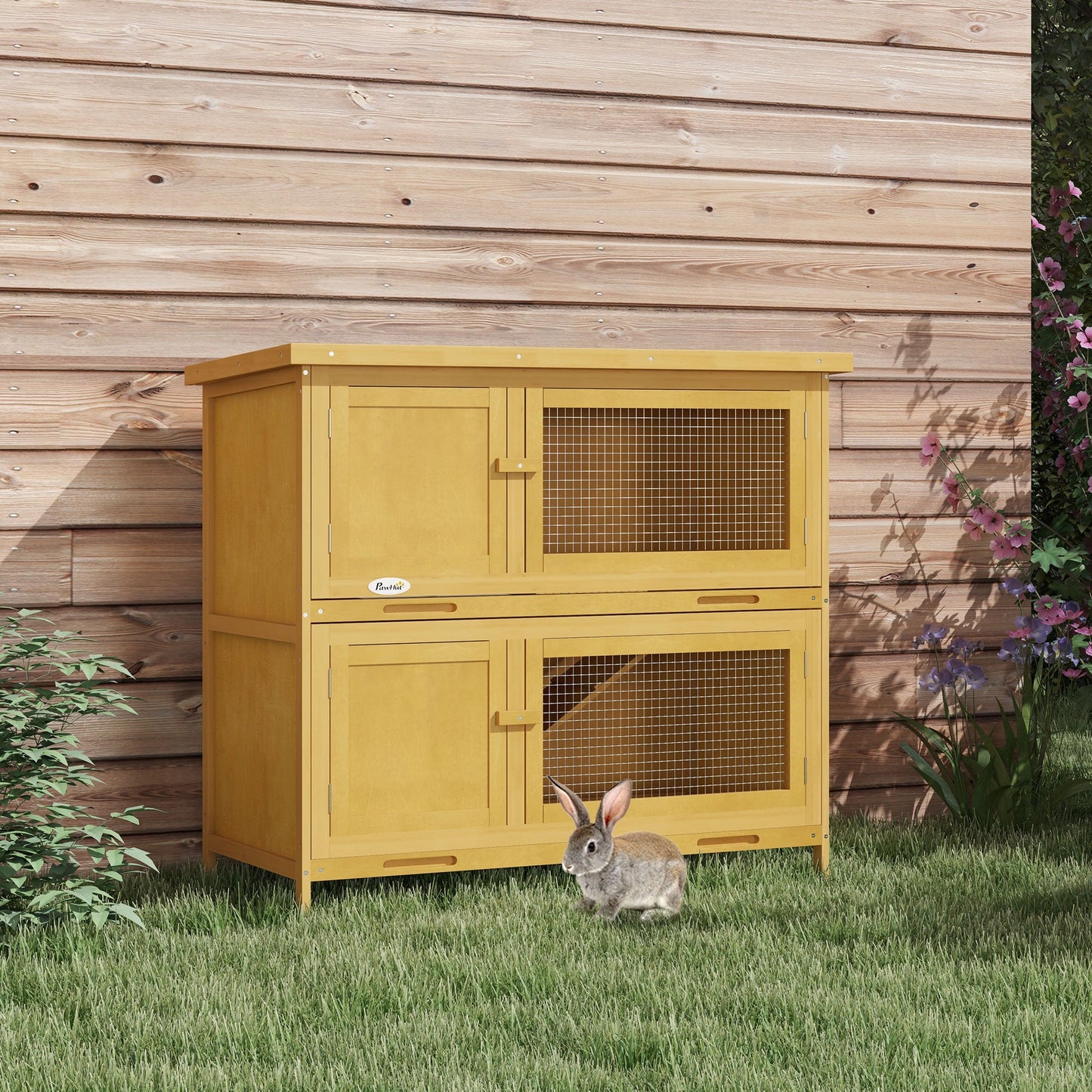 Rabbit Hutch Guinea Pig Hutch Double Decker Pet Cage with Openable Roof, Divider, Ramp for Outdoor 97 x 44 x 91cm, Yellow