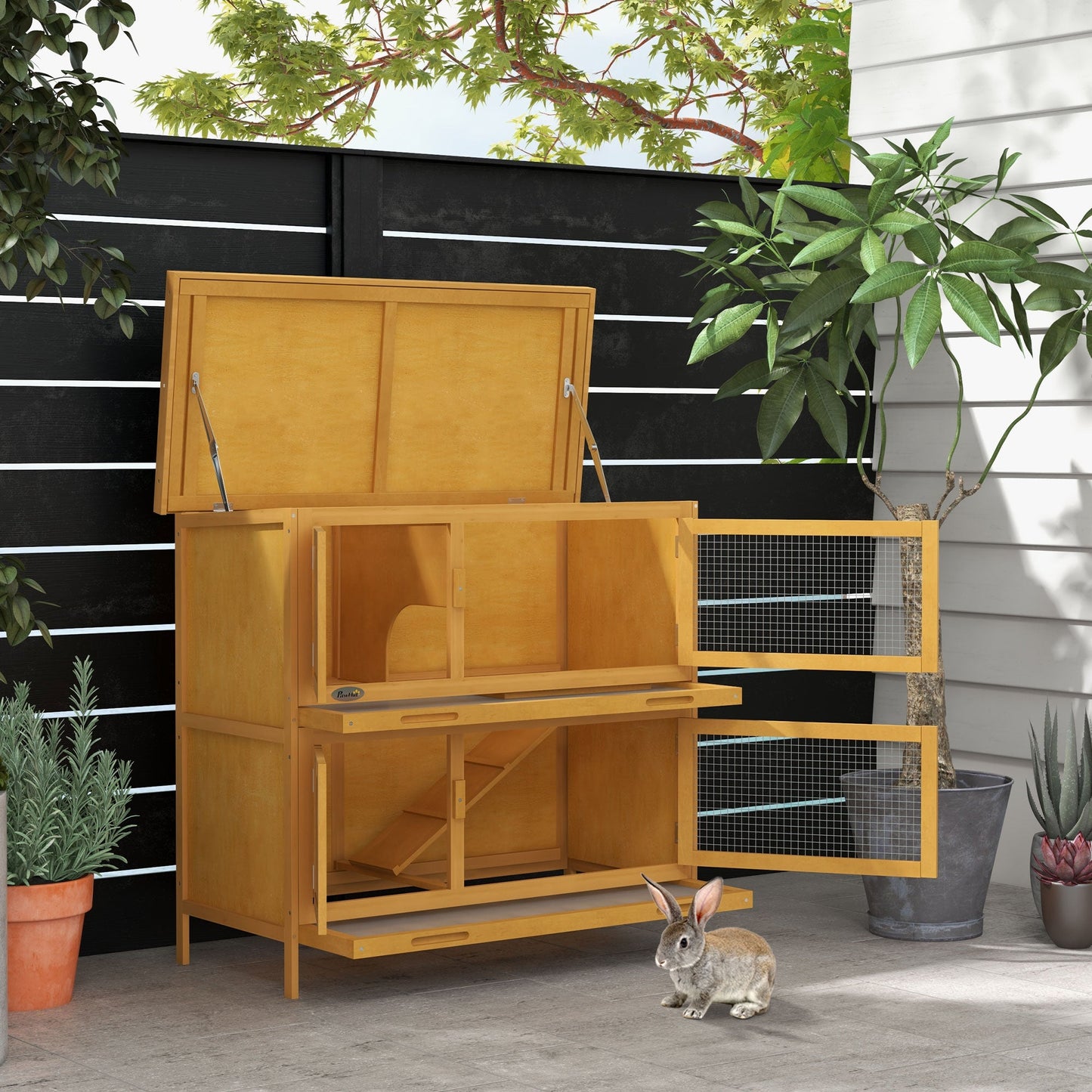 Rabbit Hutch Guinea Pig Hutch Double Decker Pet Cage with Openable Roof, Divider, Ramp for Outdoor 97 x 44 x 91cm, Yellow