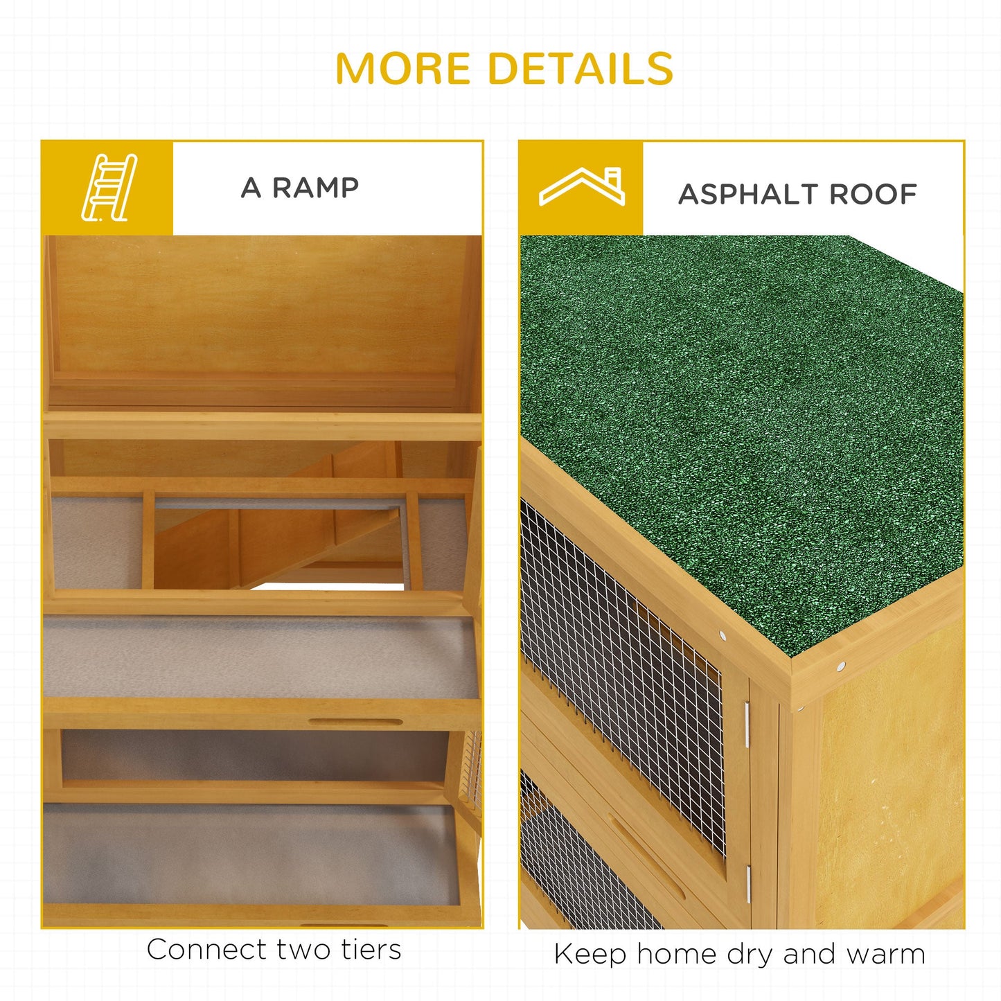 Rabbit Hutch Guinea Pig Hutch Double Decker Pet Cage with Openable Roof, Divider, Ramp for Outdoor 97 x 44 x 91cm, Yellow
