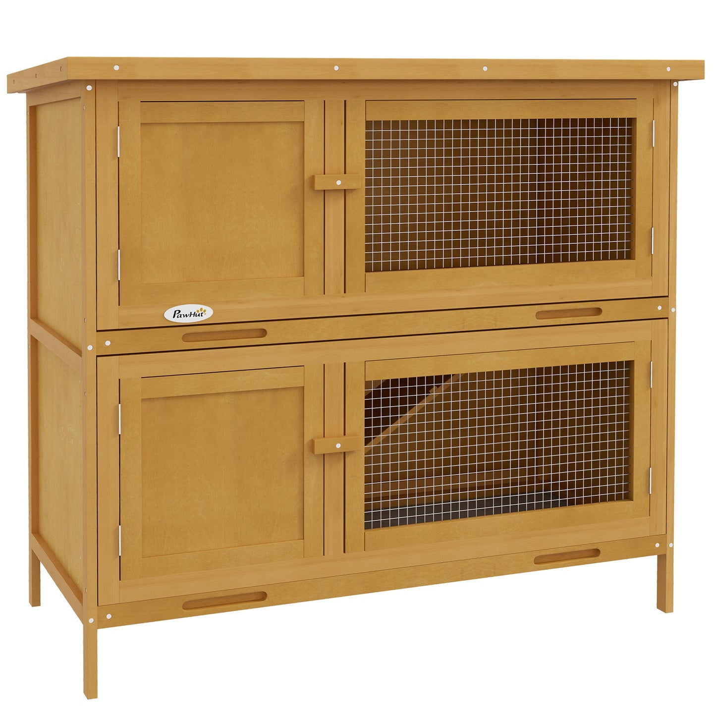 Rabbit Hutch Guinea Pig Hutch Double Decker Pet Cage with Openable Roof, Divider, Ramp for Outdoor 97 x 44 x 91cm, Yellow
