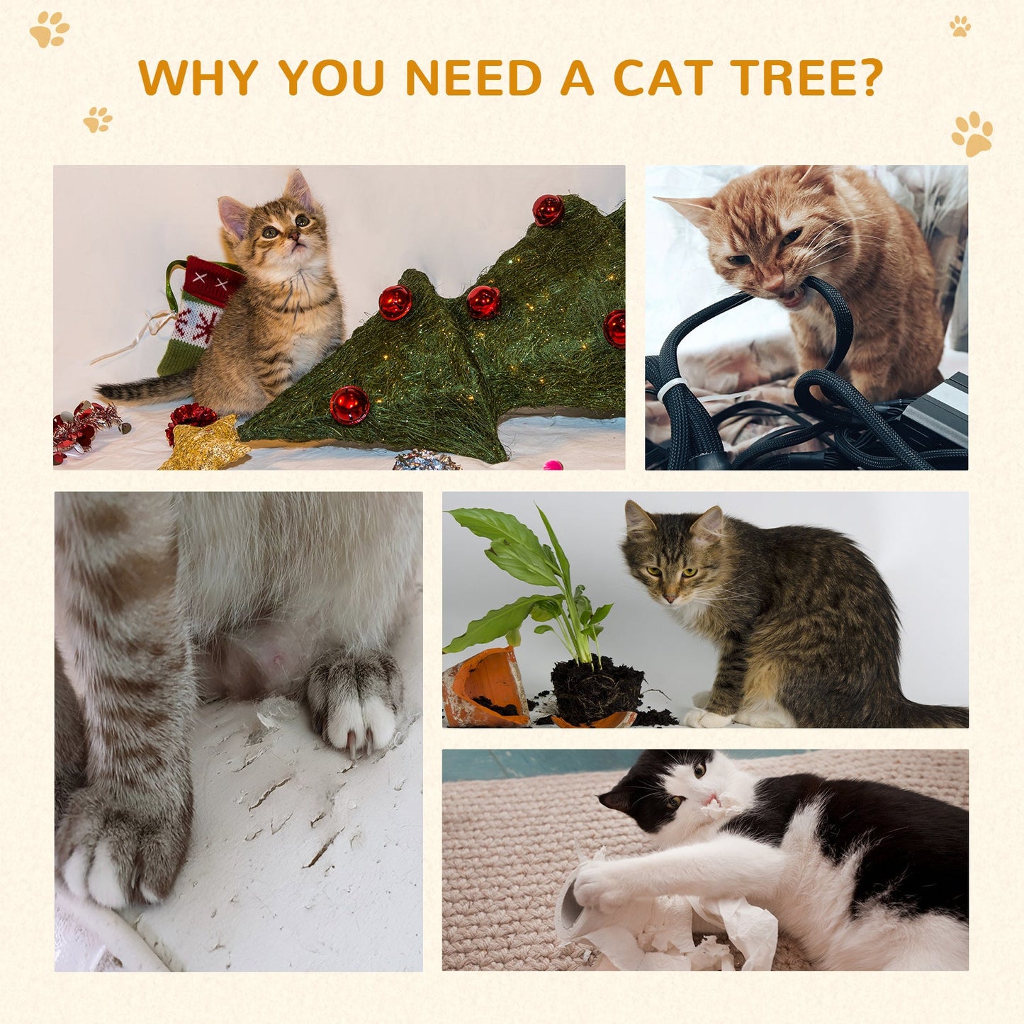 Cat Tree for Indoor Cats, 173cm Cat Tower Scratching Post Tall Climbing Tower, Activity Centre House - Cream