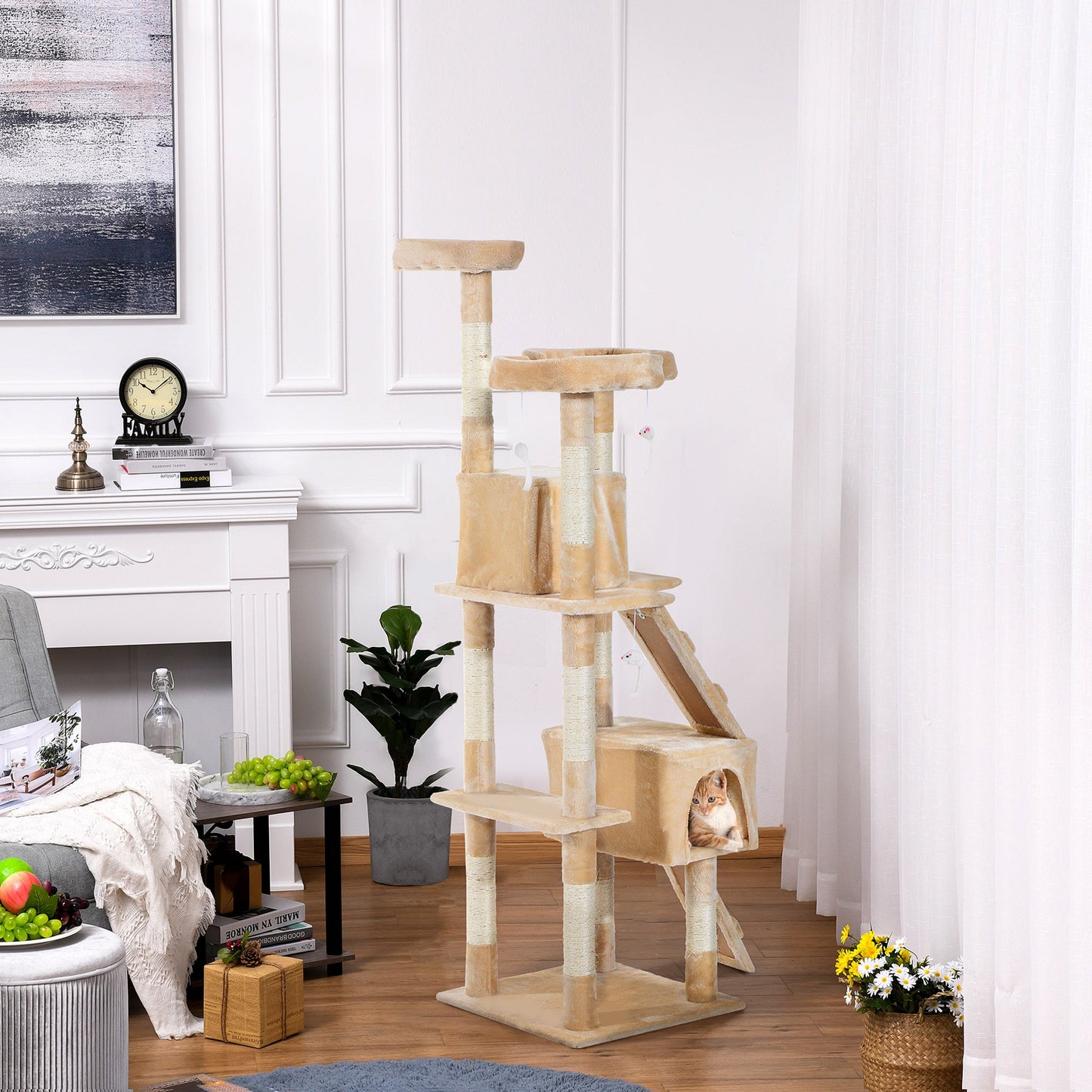Cat Tree for Indoor Cats, 173cm Cat Tower Scratching Post Tall Climbing Tower, Activity Centre House - Cream
