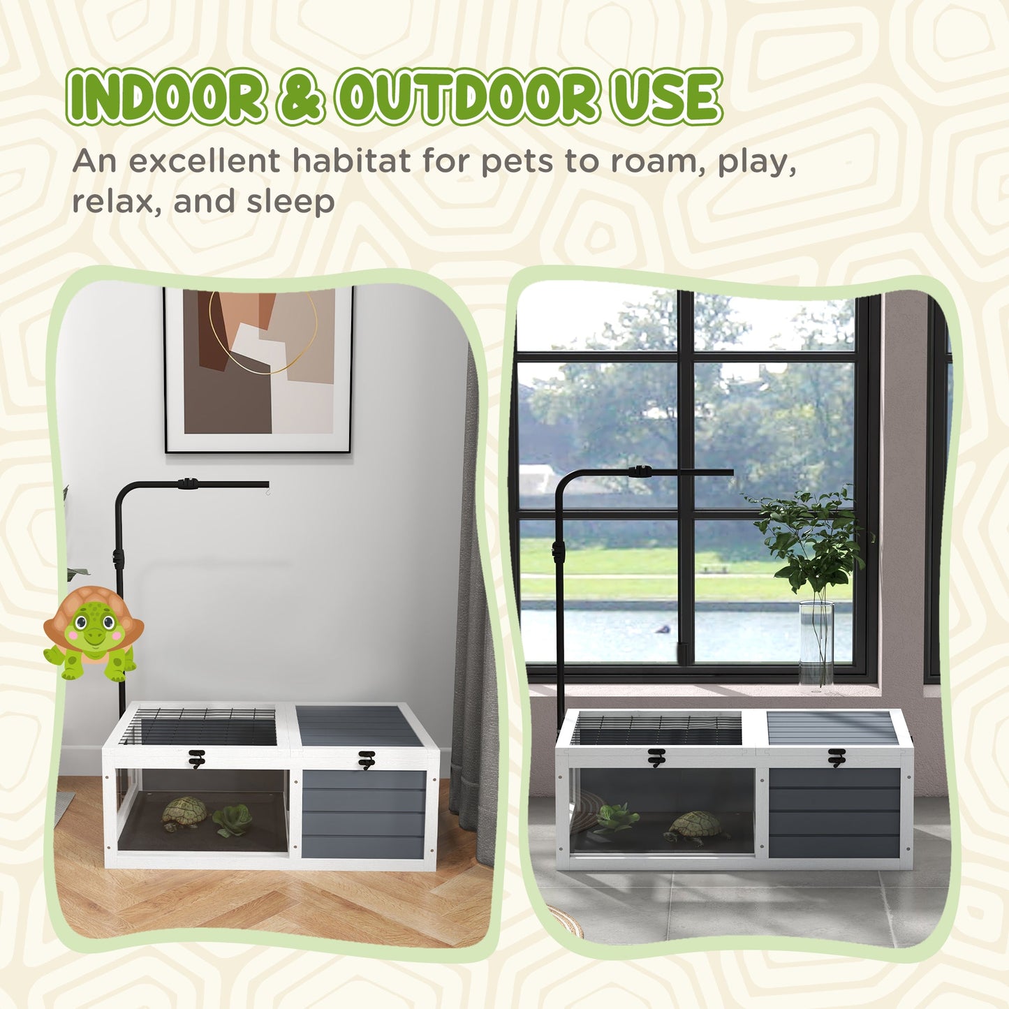 Tortoise House, Wooden Tortoise Table, Tortoise Enclosure with Adjustable Lamp Holder, Openable Lids, Pull-Out Trays - Grey
