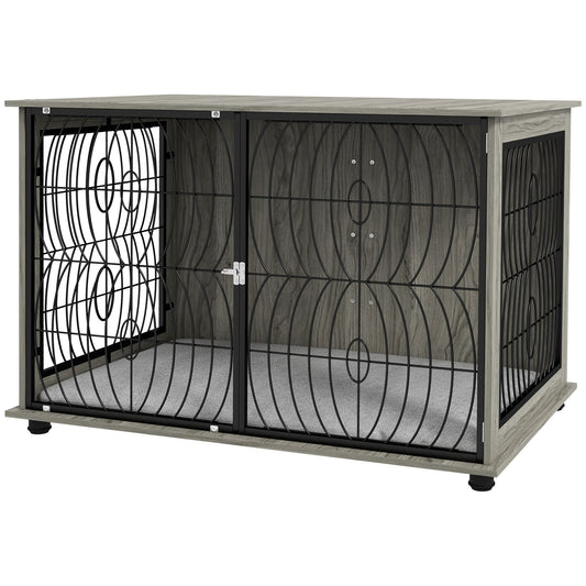 Dog Crate Furniture, Dog Cage End Table with Large Top, Soft Washable Cushion, Lockable Front Door, Wire Mesh Ventilation, Indoor Pet Crate for Extra Large Sized, 118 x 75 x 82cm - Grey