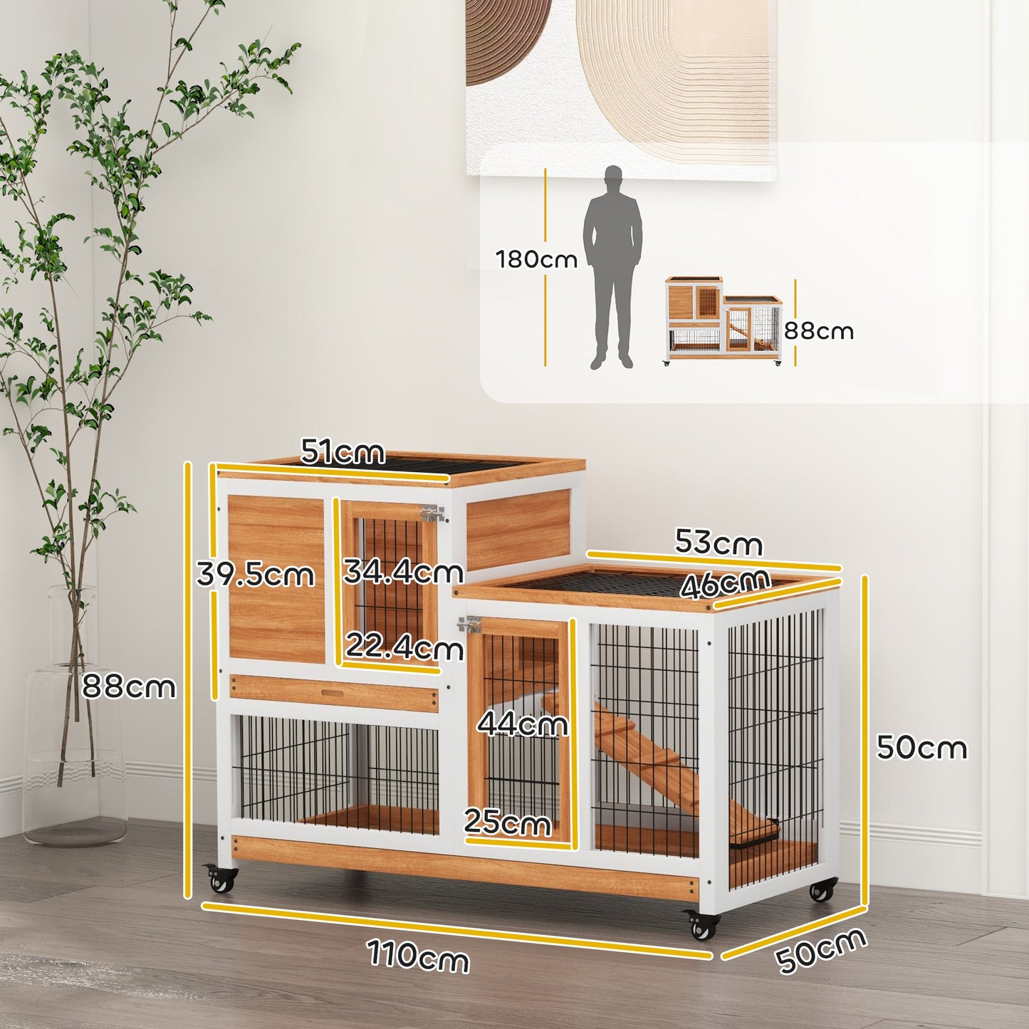 Wooden Indoor Rabbit Hutch, Guinea Pig House, Bunny Small Animal Cage With Wheels, Enclosed Run 110 x 50 x 86 cm, Yellow