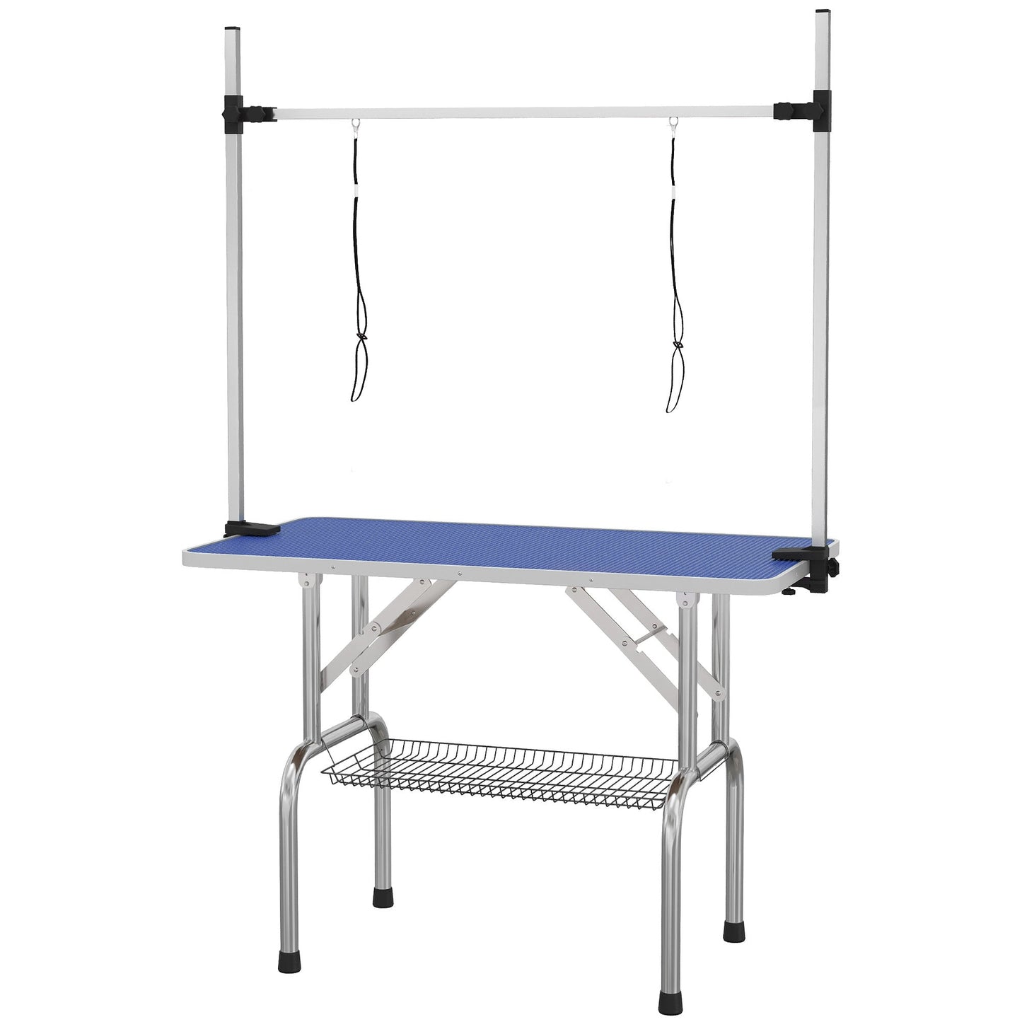 42" Foldable Dog Grooming Table Adjustable Pet Cat Drying Beauty Table Rubber Top with 2 Loops Storage Basket Metal Blue