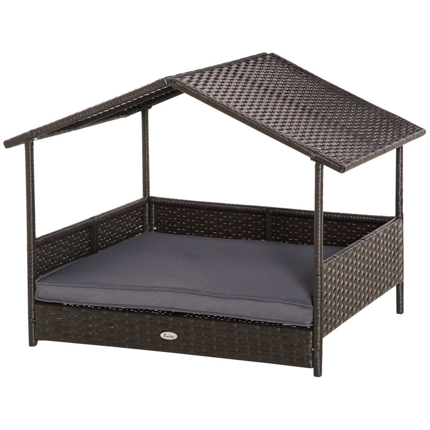Wicker Dog Bed, Elevated Rattan Dog House with Removable Cushion and Canopy, for Small and Medium Dogs, 98 x 69 x 70cm - Grey