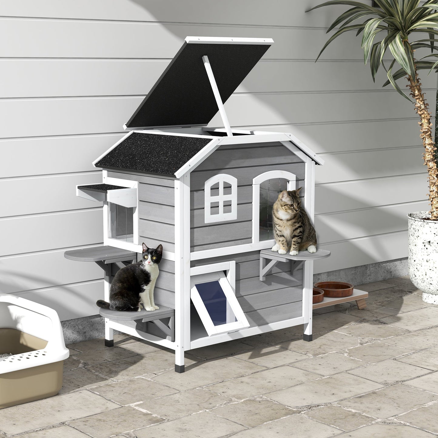 2-story Cat House Outdoor, Weatherproof Wooden Cat Enclosure for Feral Cats with Escape Door, Openable Roof, Jumping Platforms, Grey