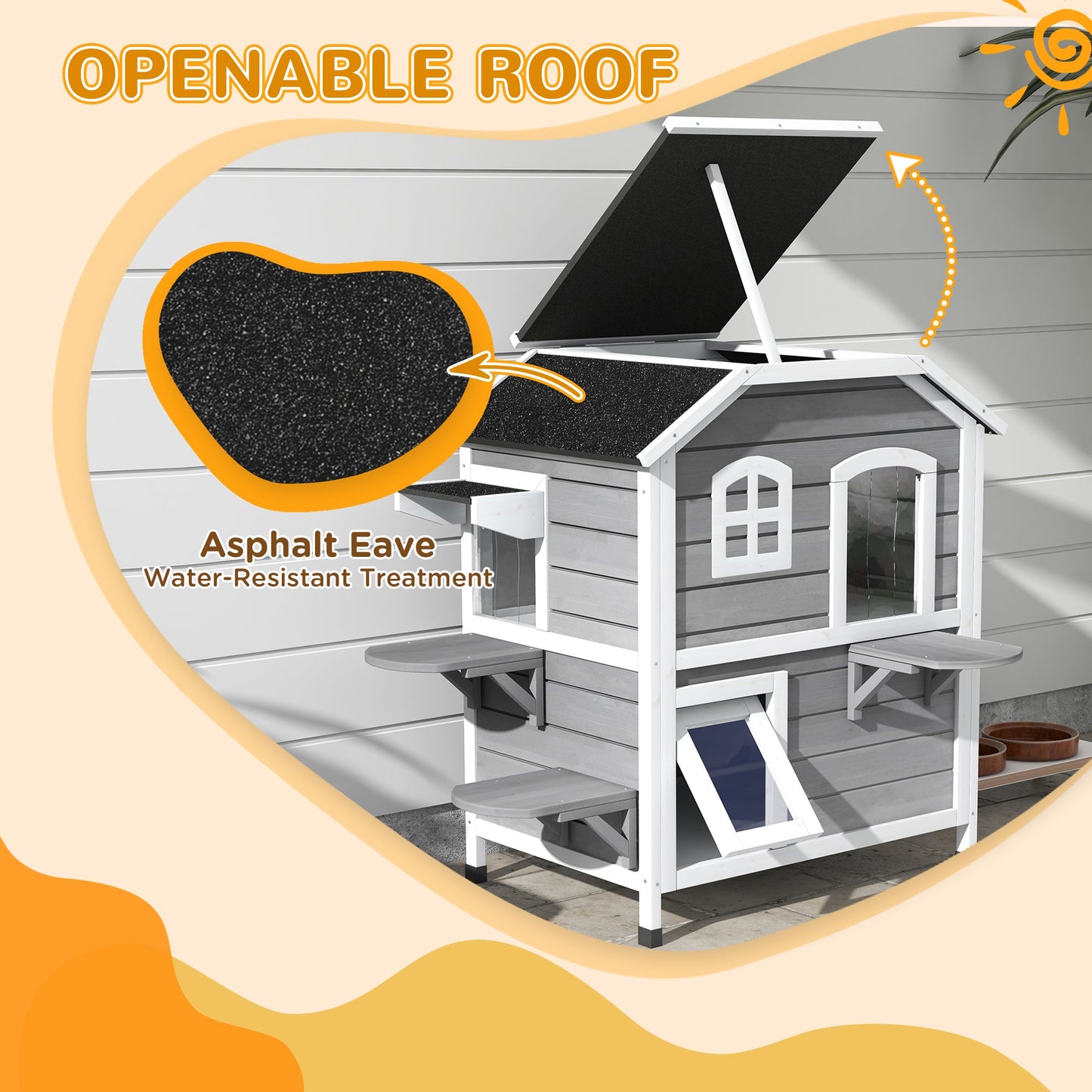 2-story Cat House Outdoor, Weatherproof Wooden Cat Enclosure for Feral Cats with Escape Door, Openable Roof, Jumping Platforms, Grey
