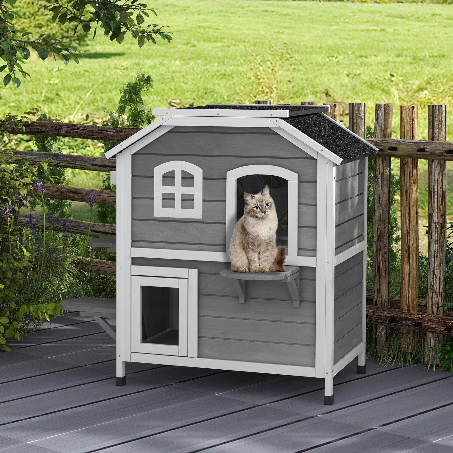 2-story Cat House Outdoor, Weatherproof Wooden Cat Enclosure for Feral Cats with Escape Door, Openable Roof, Jumping Platforms, Grey