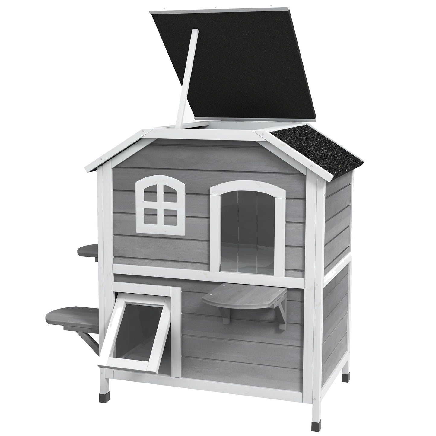 2-story Cat House Outdoor, Weatherproof Wooden Cat Enclosure for Feral Cats with Escape Door, Openable Roof, Jumping Platforms, Grey