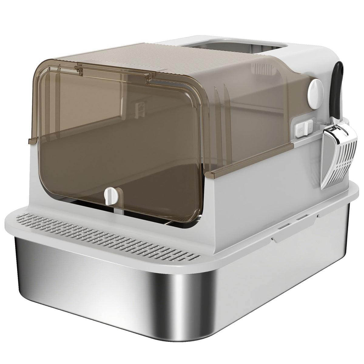 XXL Stainless Steel Cat Litter Tray, Enclosed Cat Litter Box with 90° Flip Cover, Double Doors, Scoop, Easy Clean, Odor Control, Anti-Leaking, Non-Sticky, Grey