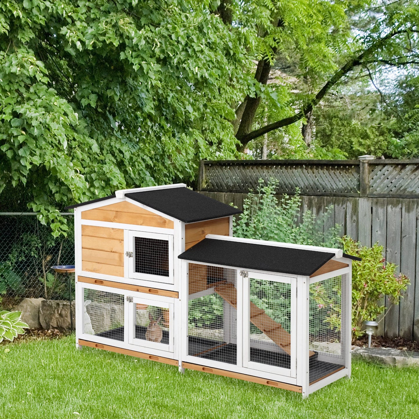 Rabbit Hutch Guinea Pig Hutch Wooden House with Run, 2 Tier Pet Cage Outdoor with No-leak Plastic Trays, 157.4 x 53 x 93.5cm, Yellow
