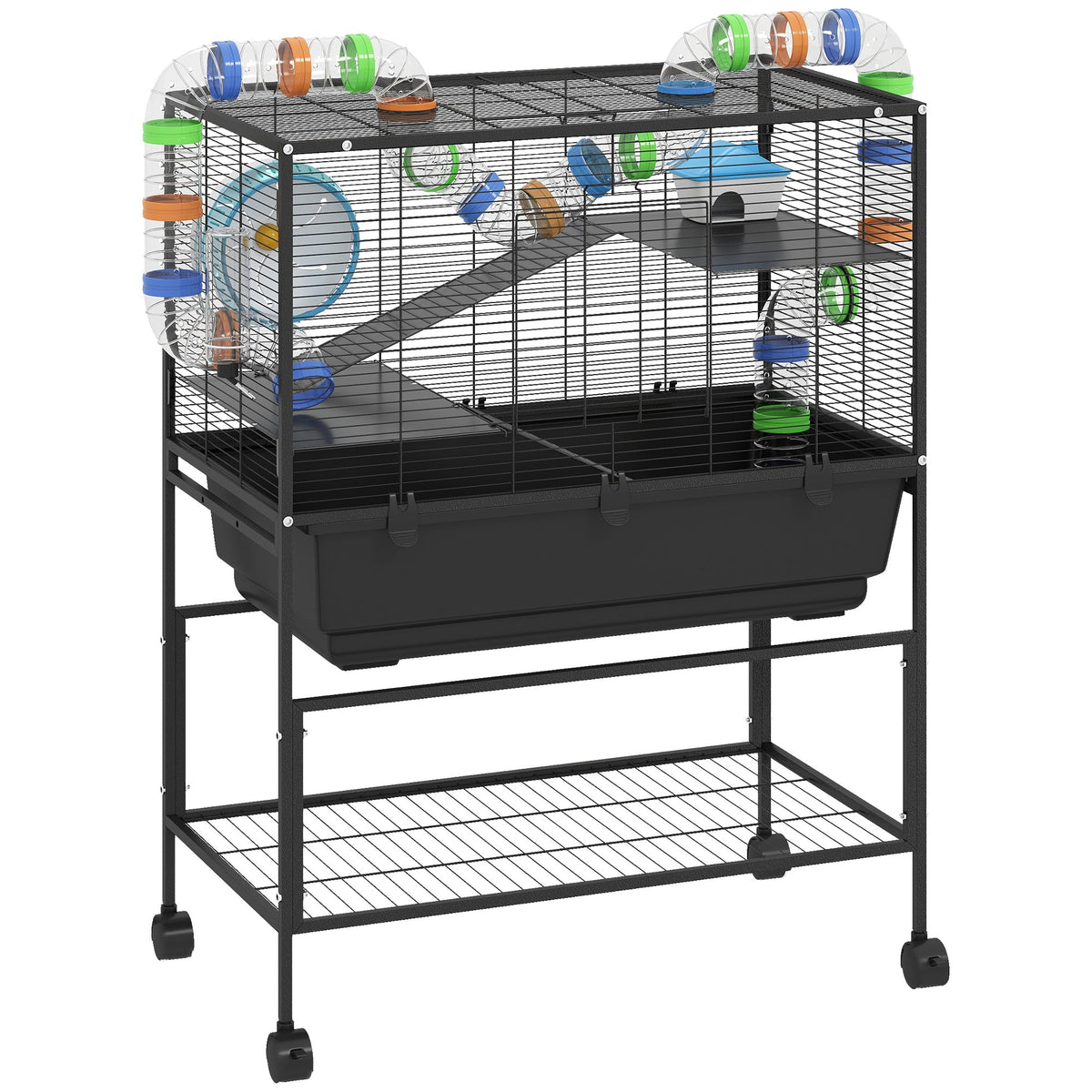 Hamster Cage, 3 Tier Large Gerbil Cage on Wheels with 17 cm Deep Tray, Storage Shelf, Big Exercise Wheel, Tube System, Hut, Platforms, Ramps, Food Dish, Water Bottle, for Syrian Hamsters, Rats