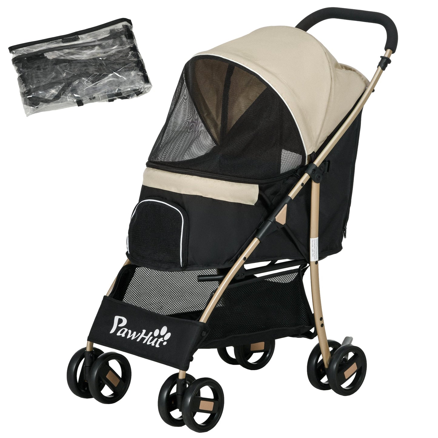 Dog Stroller with Rain Cover, Foldable Dog Pram, 4 Wheels Pet Pushchair with Safety Leashes, for Small, Miniature Dogs, Cats - Khaki