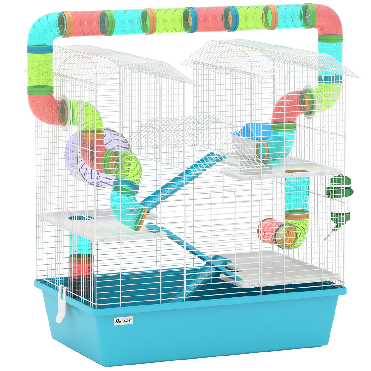 4 Tier Hamster Cage with Tube, Exercise Wheel, Hut, Water Bottle, Food Dish, Ramps, DIY Design, Large Hamster Cage for Dwarf, Light Blue