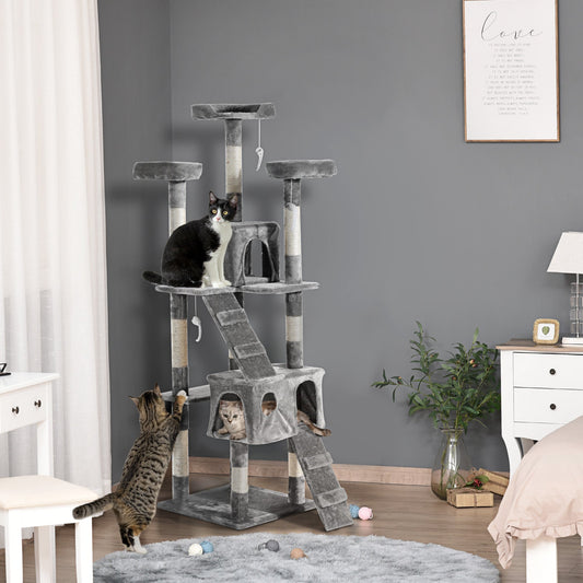 Cat Tree for Indoor Cats, 173cm Cat Tower Scratching Post Tall Climbing Tower, Activity Centre House - Grey