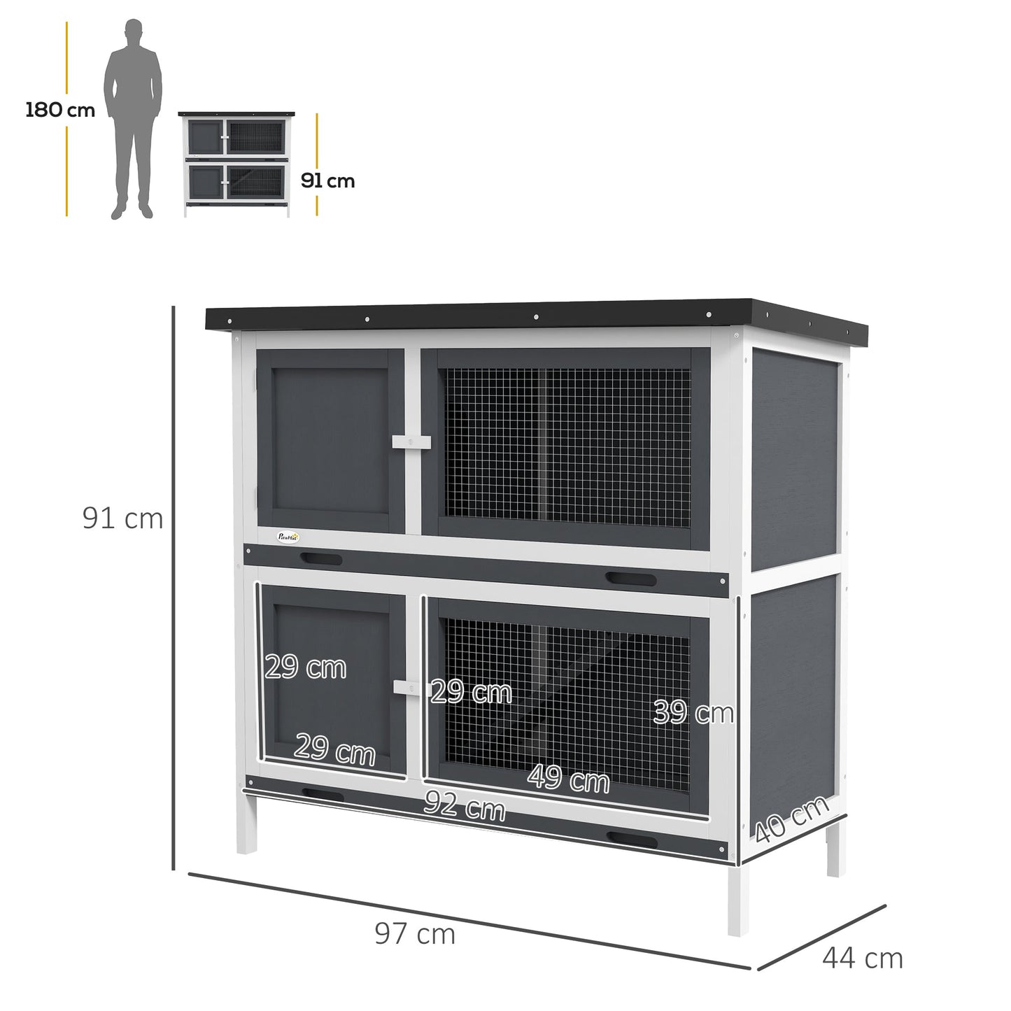 Rabbit Hutch Guinea Pig Hutch Double Decker Pet Cage with Openable Roof, Divider, Ramp for Outdoor 100 x 47 x 91cm, Grey