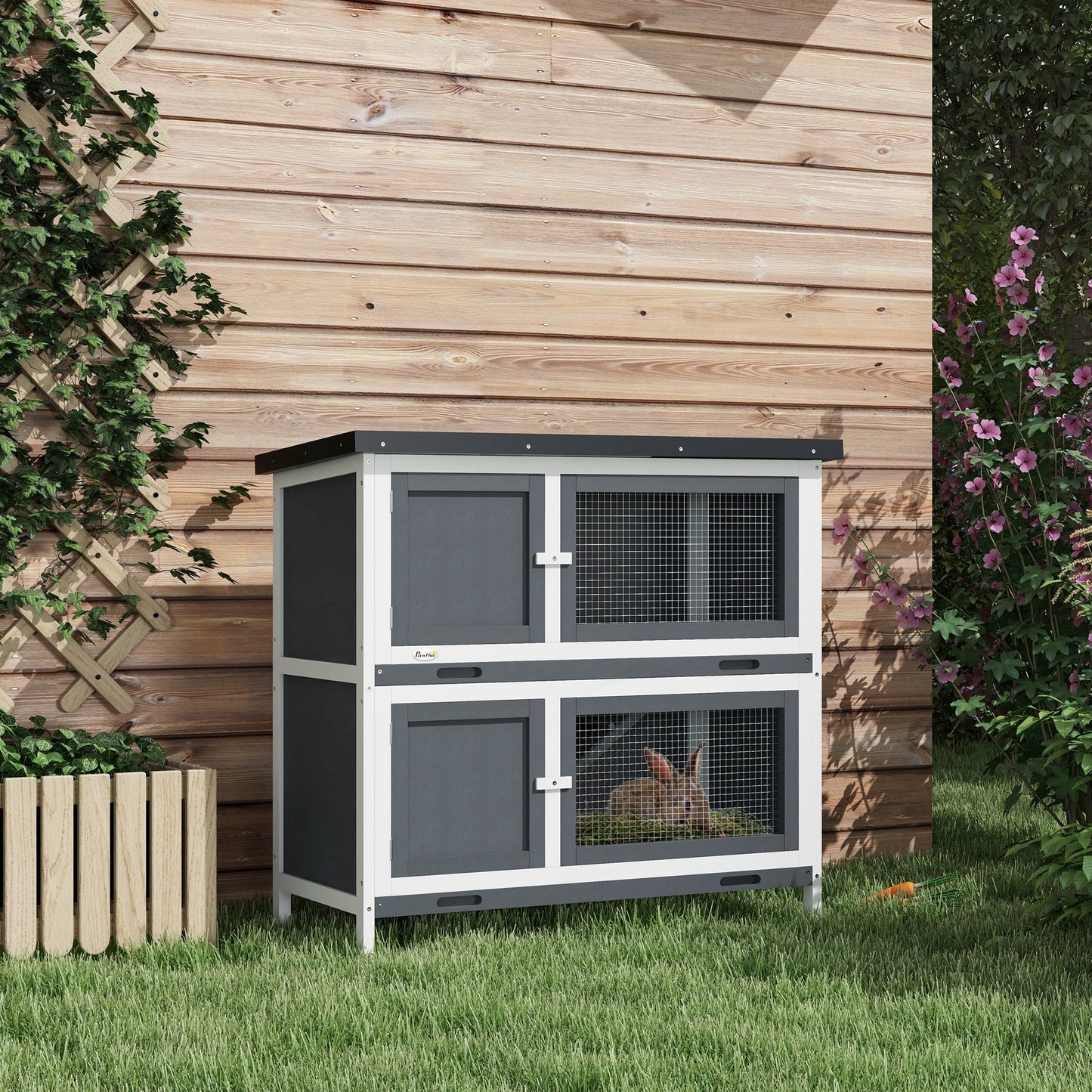 Rabbit Hutch Guinea Pig Hutch Double Decker Pet Cage with Openable Roof, Divider, Ramp for Outdoor 100 x 47 x 91cm, Grey