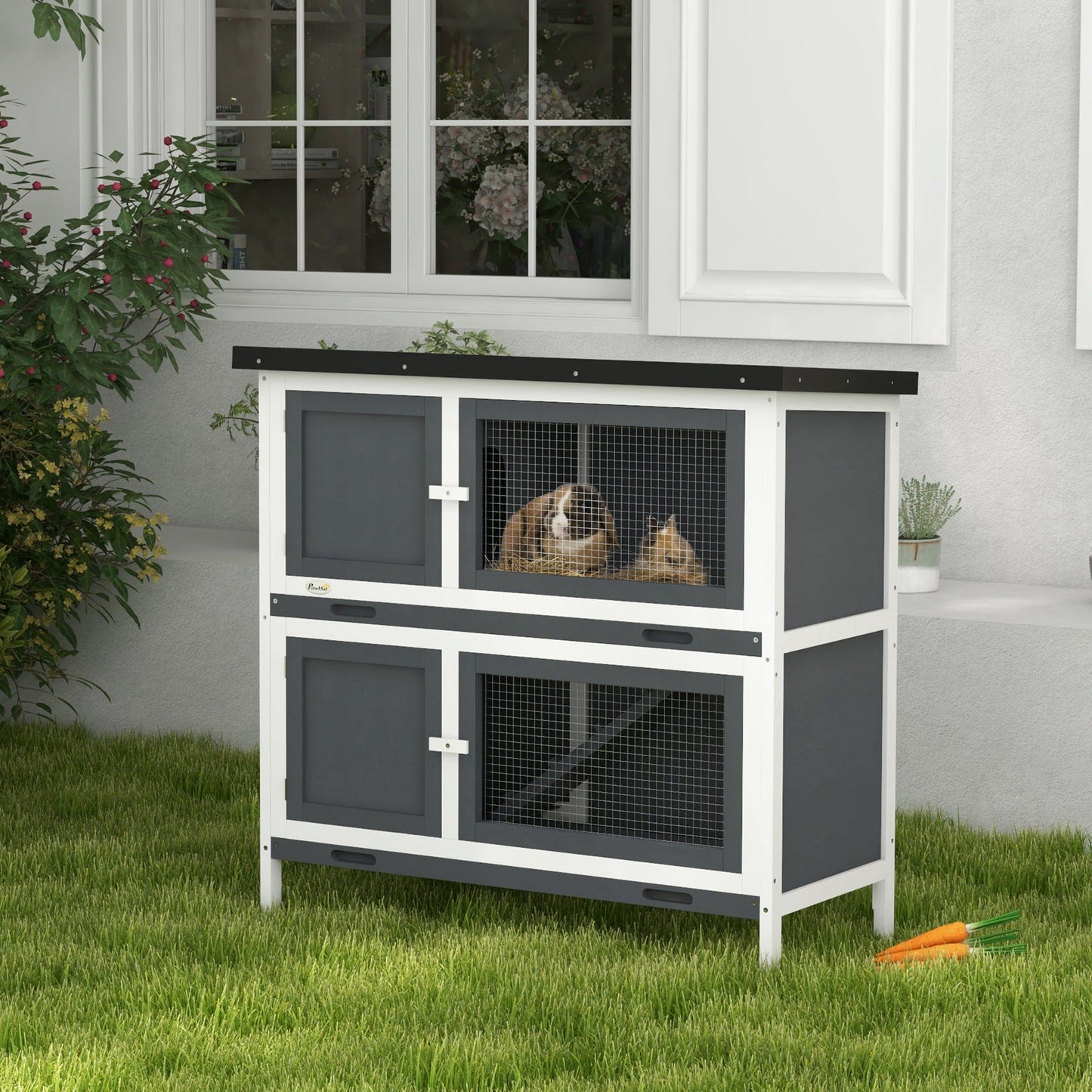 Rabbit Hutch Guinea Pig Hutch Double Decker Pet Cage with Openable Roof, Divider, Ramp for Outdoor 100 x 47 x 91cm, Grey