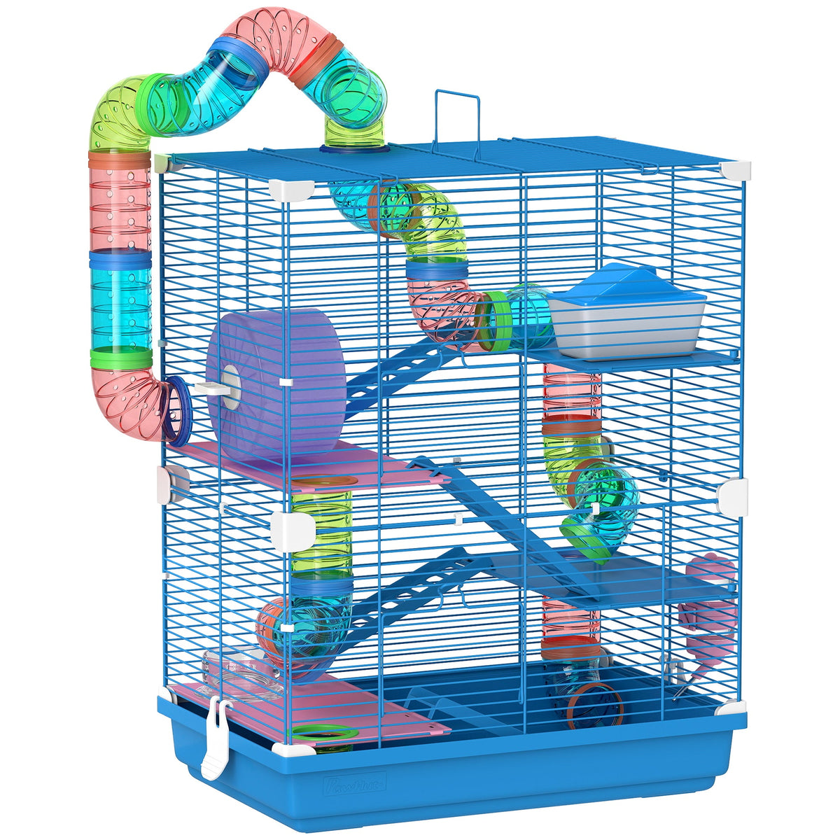 5 Tier Hamster Cage, Gerbil Cage with Tube Exercise Wheels, Tunnel, Water Bottle, Dishes, Blue, 58H x 46L x 30Wcm