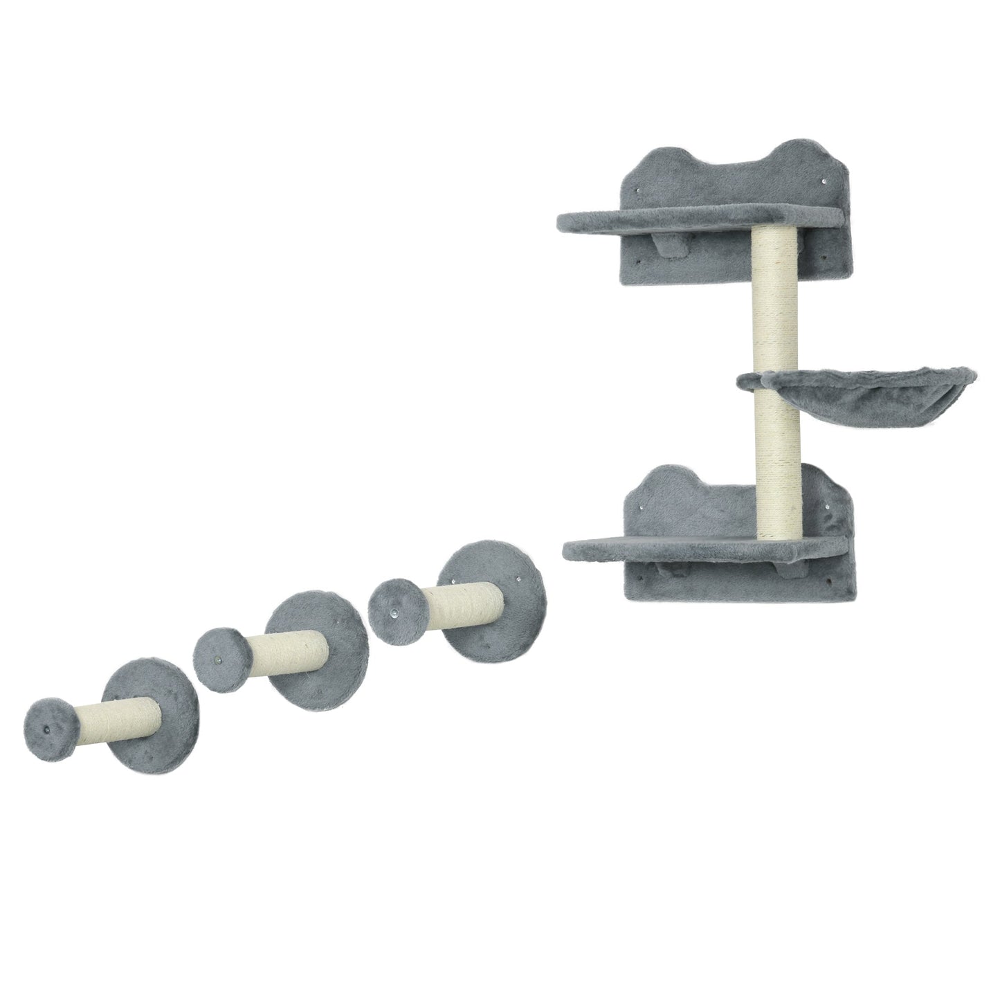 4 Piece Cat Shelves Cat Wall Furniture Wall-Mounted Cat Tree for Indoor Cat w/ Hammock, Steps, Platforms, Scratching Post - Grey