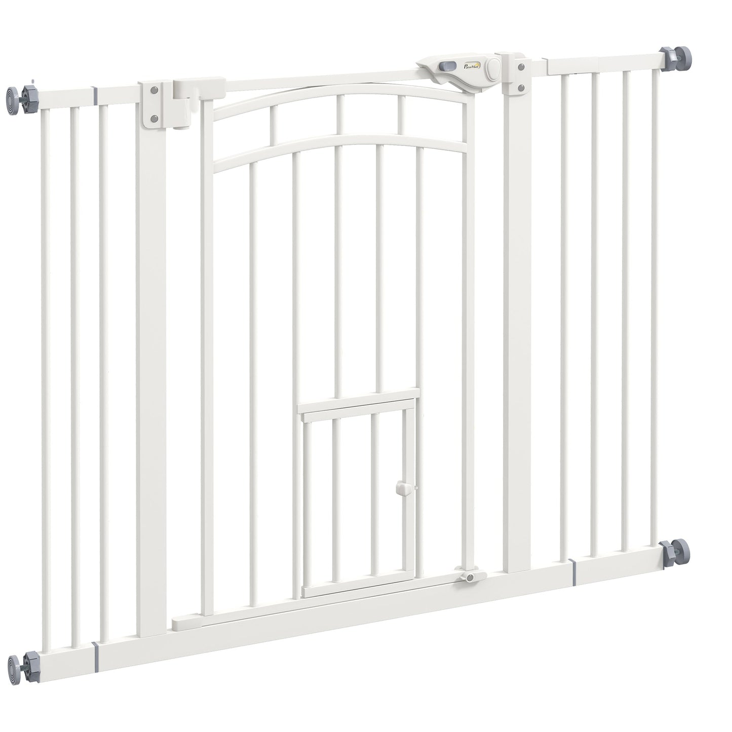 Dog Stair Gate Pet Barrier with Small Cat Door, Pressure Fit Safety Gate with Auto Closing System, Double Locking, for Hallways, 74-100 cm Openings - White